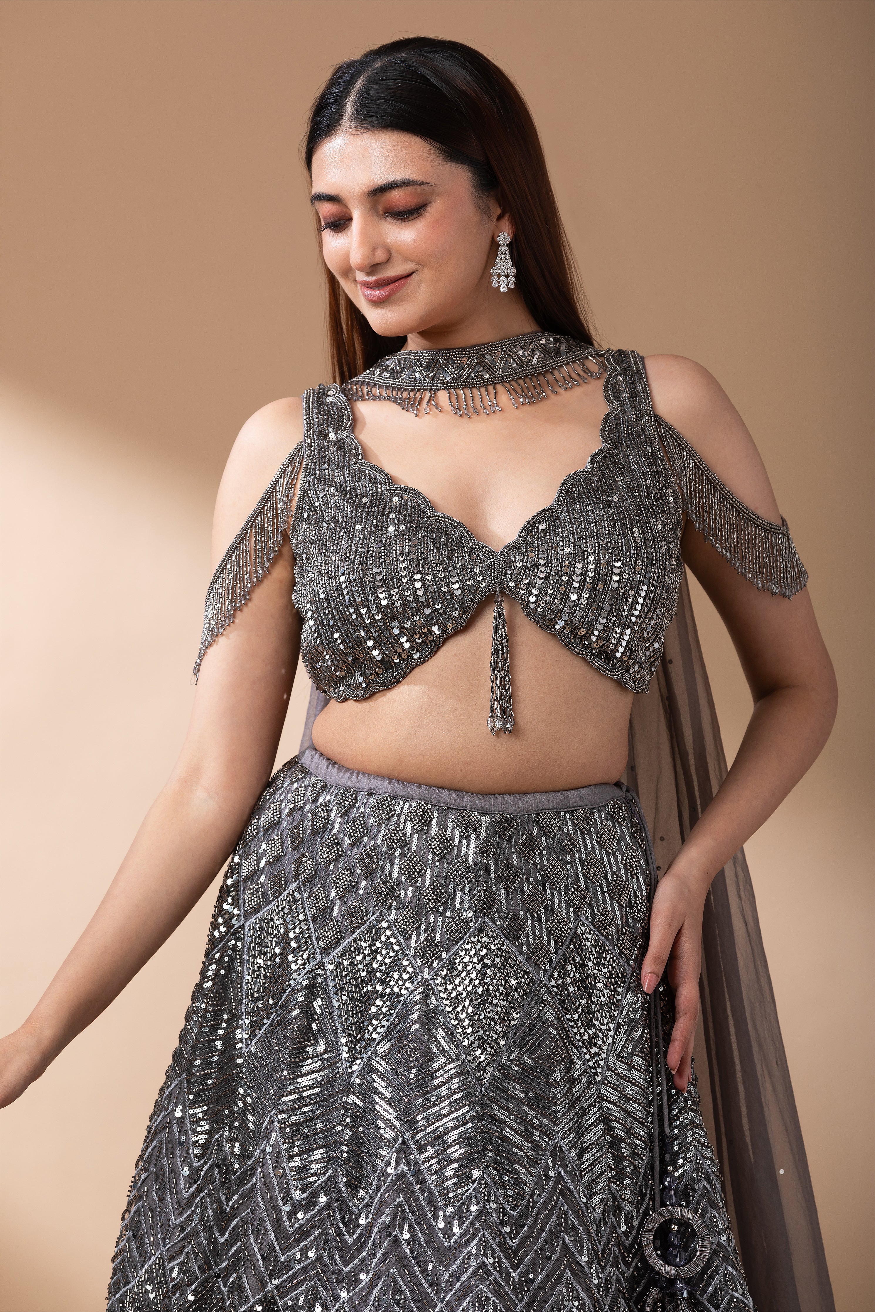 Midnight Grey Sequined Lehenga Set  Mokshaa