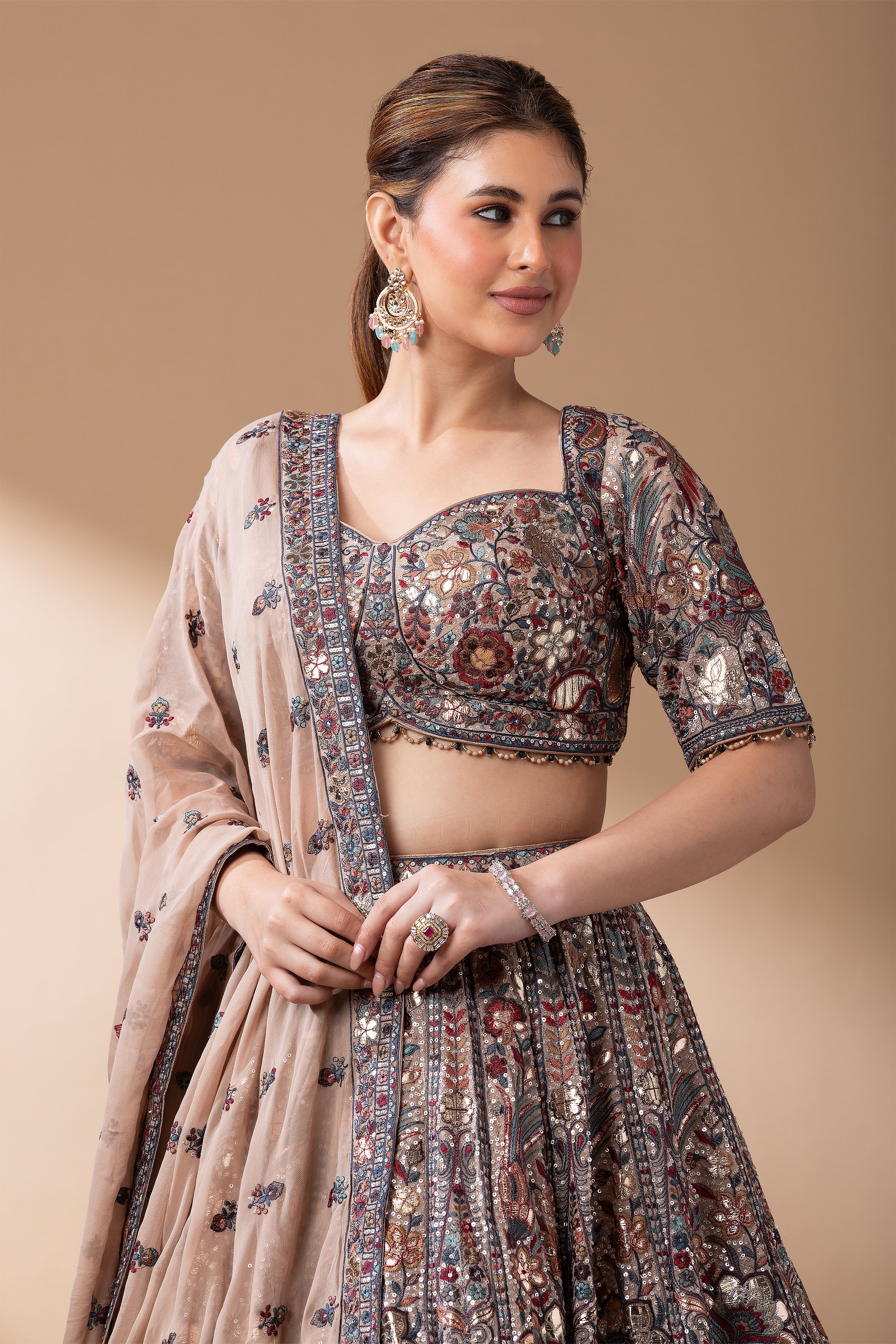 Taupe Embroidered Lehenga set  Mokshaa