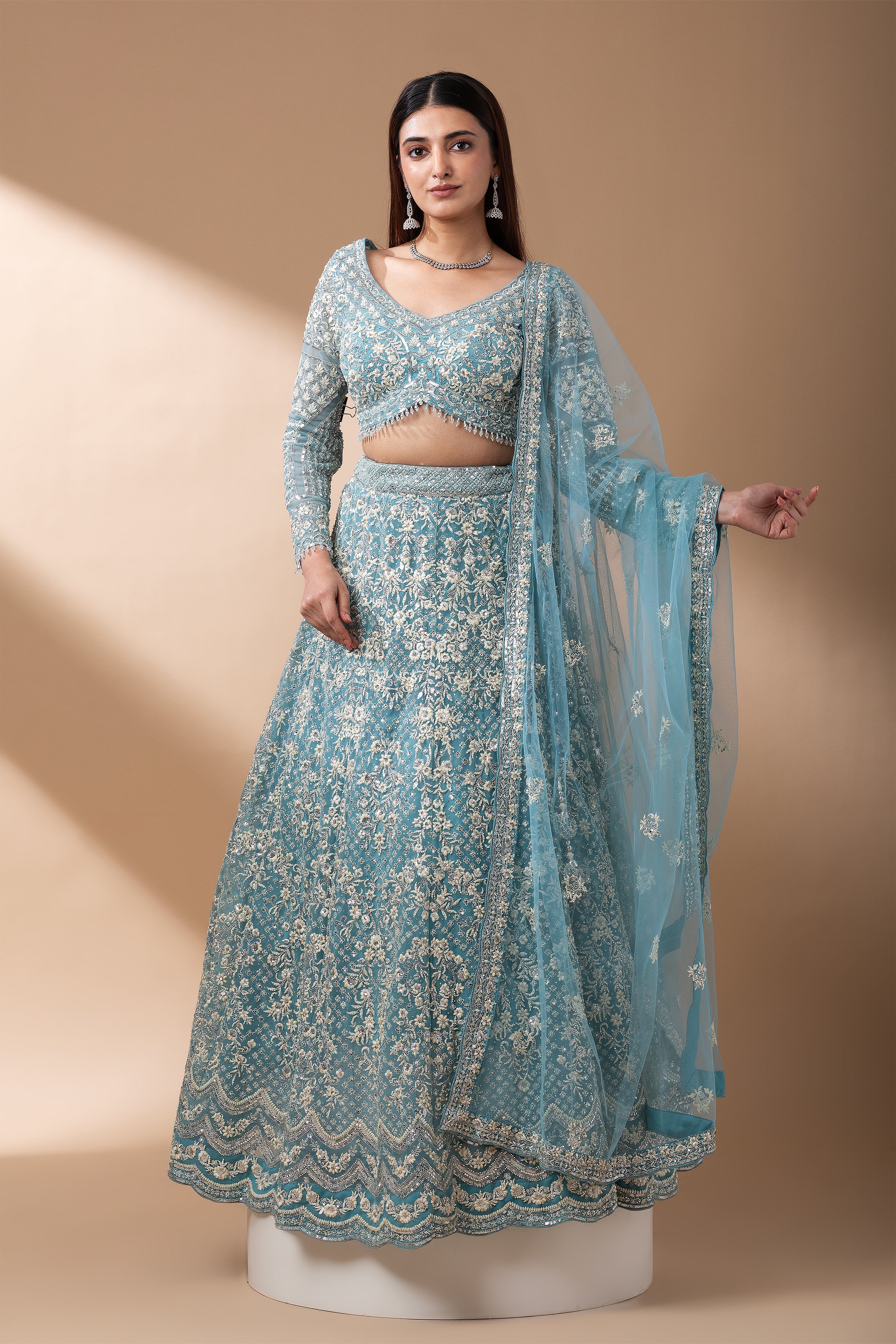 Aqua Blue Embroidered Net Lehenga Set  Mokshaa