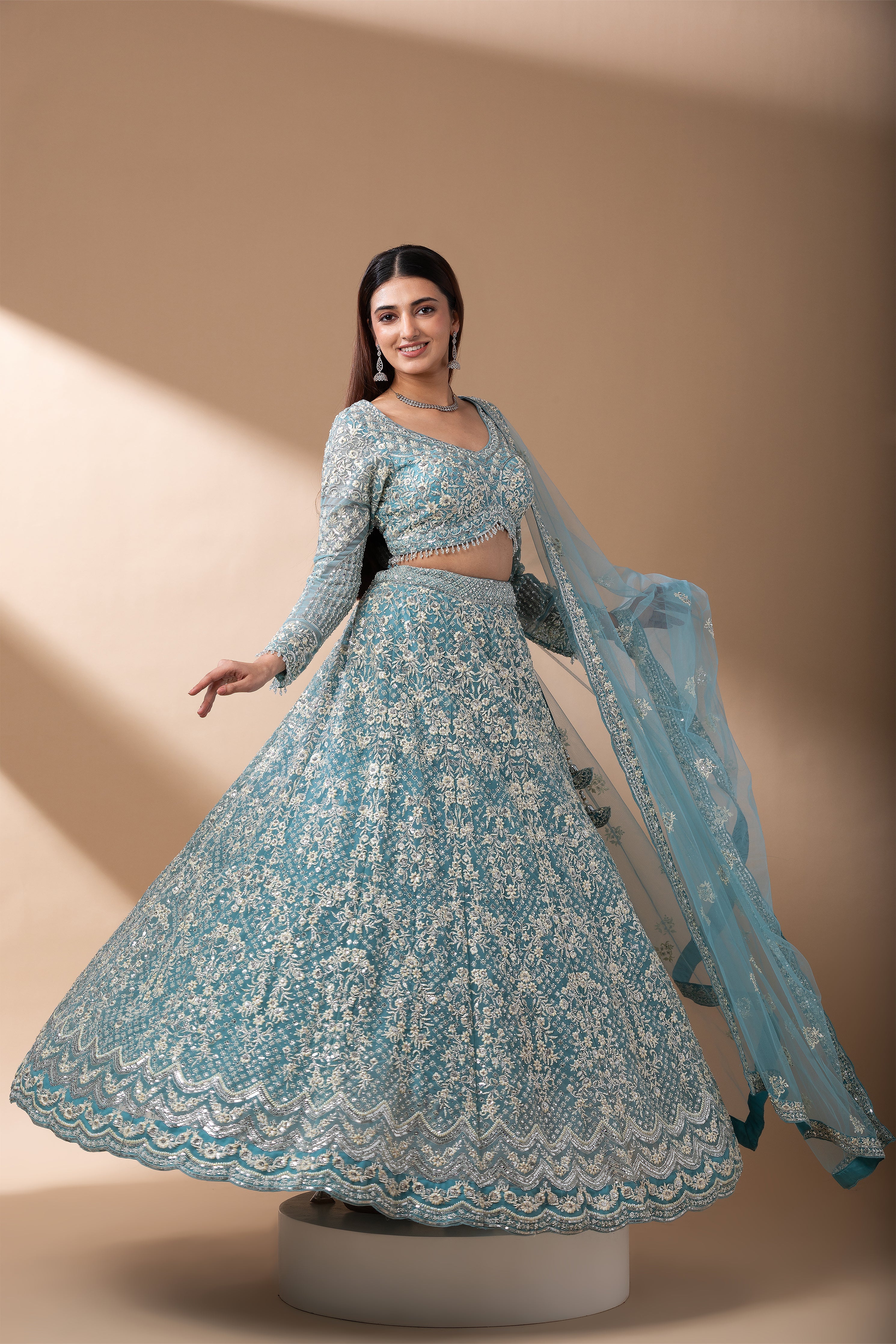 Aqua Blue Embroidered Net Lehenga Set  Mokshaa