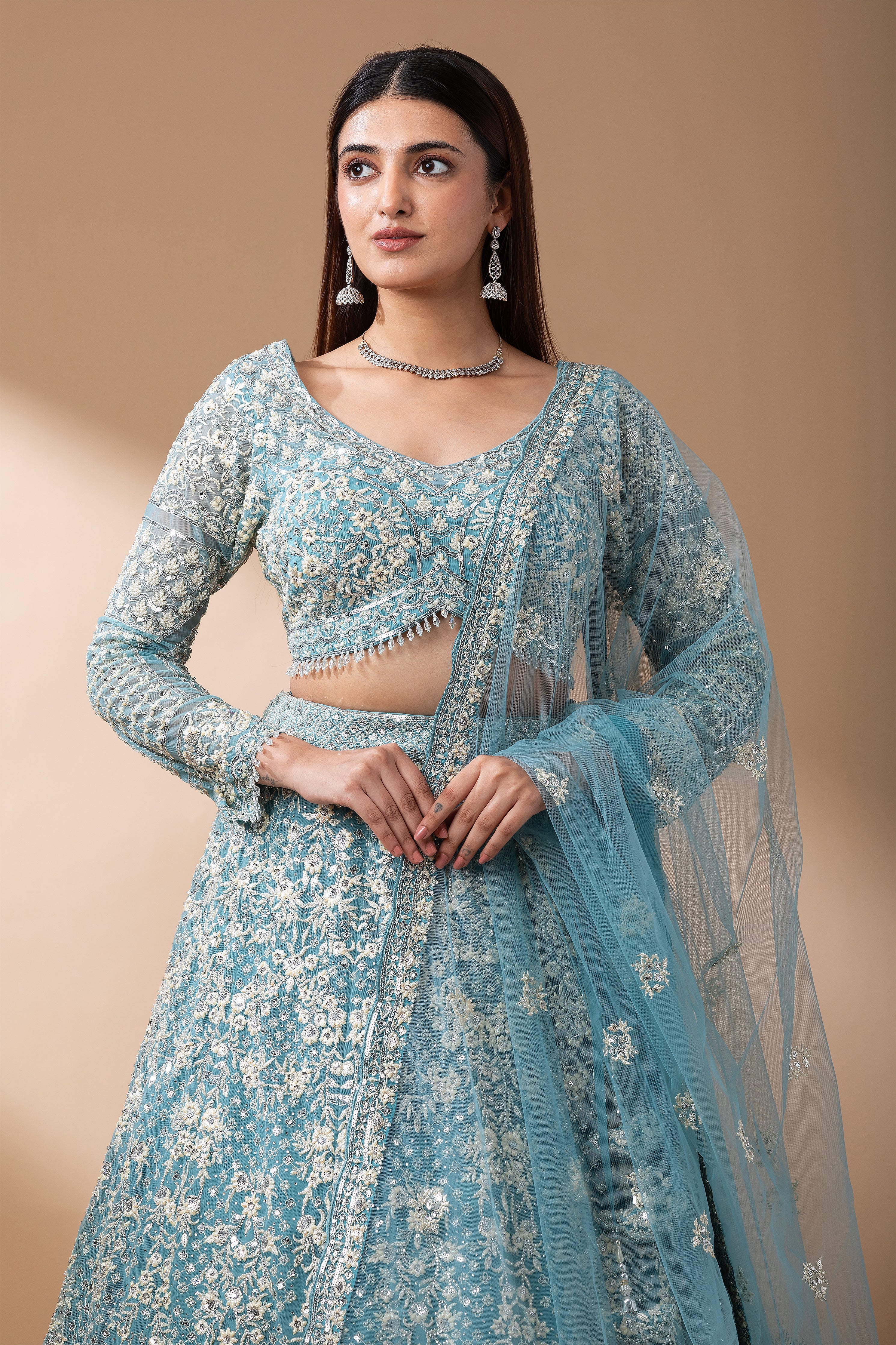 Aqua Blue Embroidered Net Lehenga Set  Mokshaa