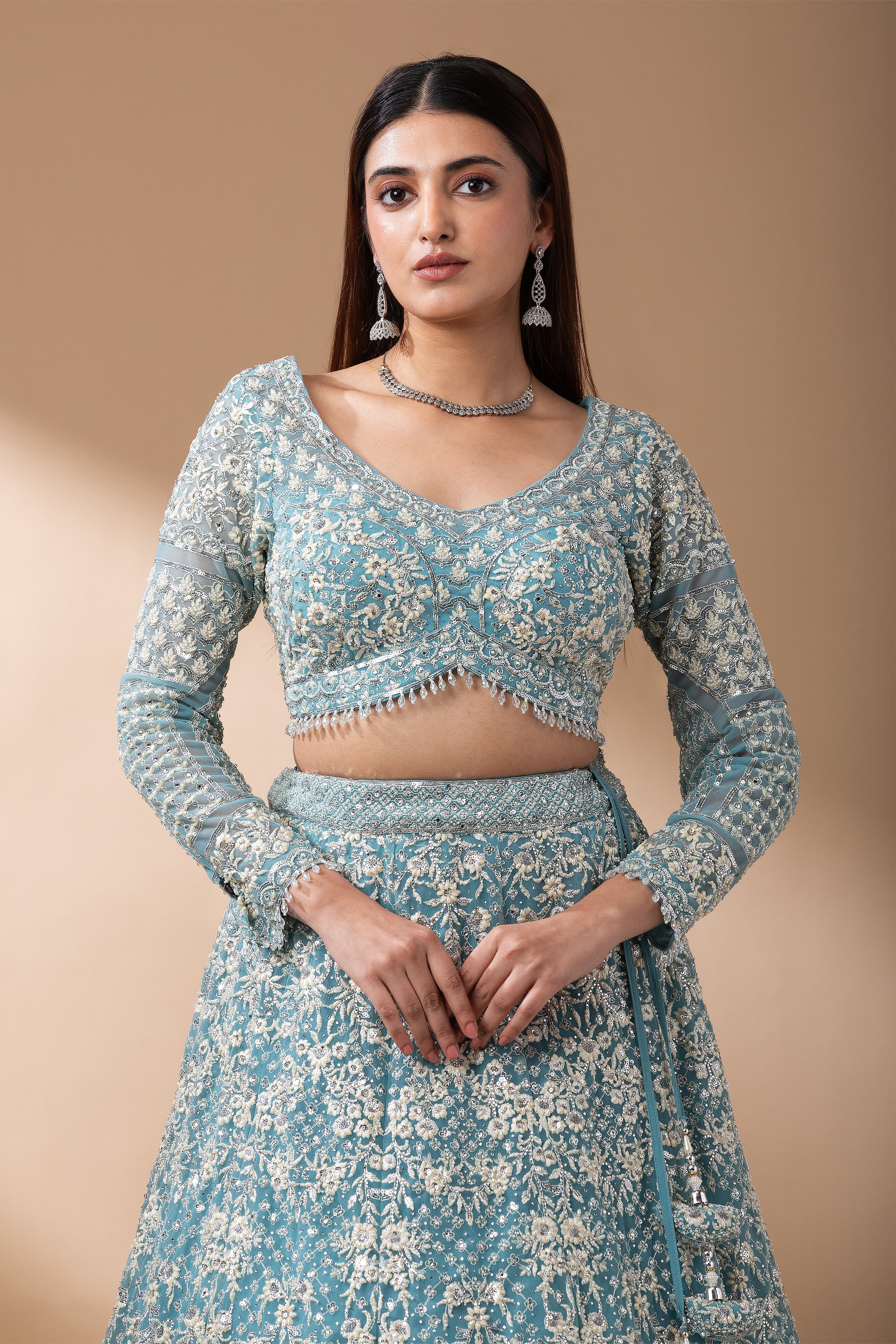 Aqua Blue Embroidered Net Lehenga Set  Mokshaa