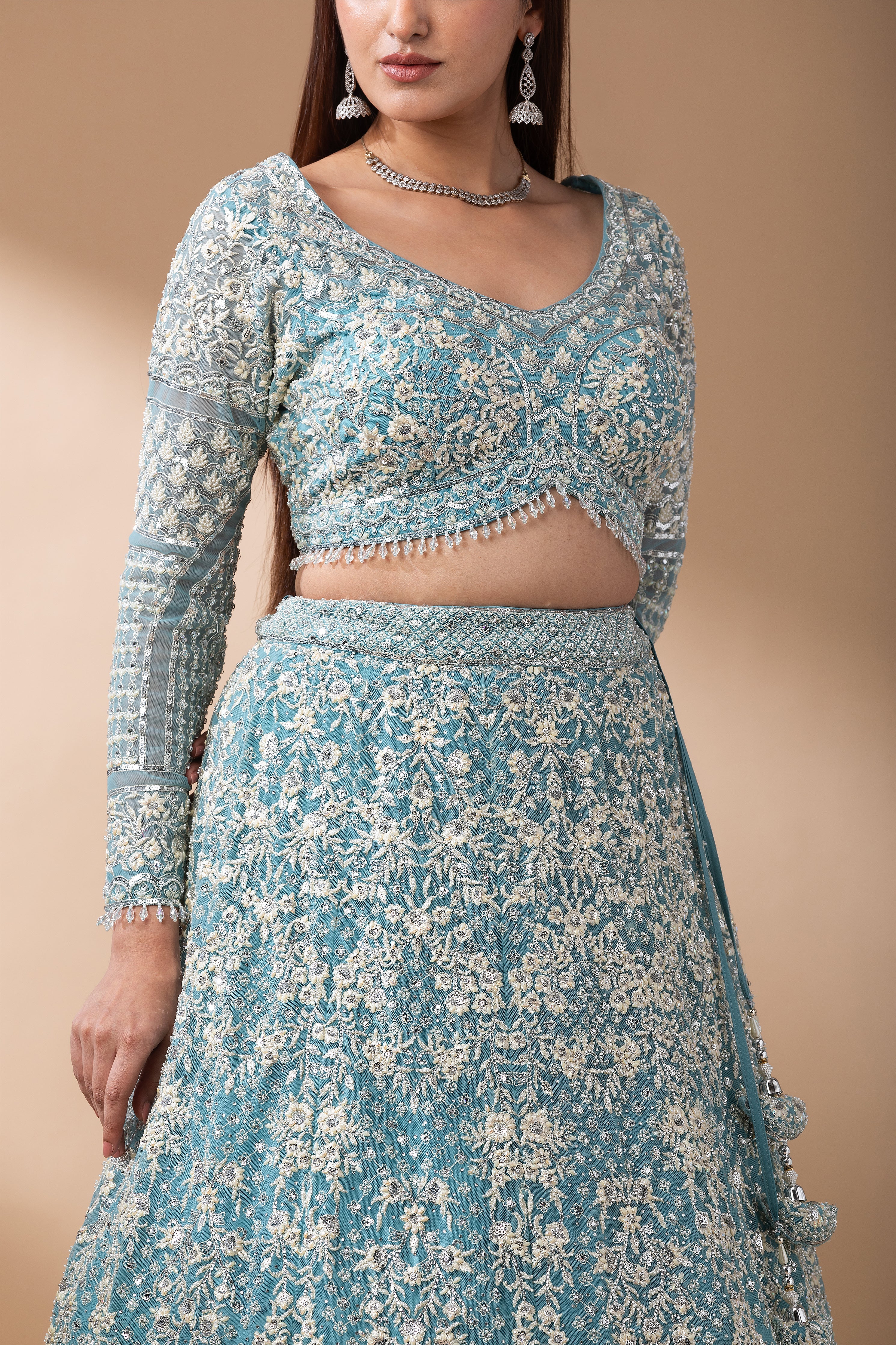 Aqua Blue Embroidered Net Lehenga Set  Mokshaa