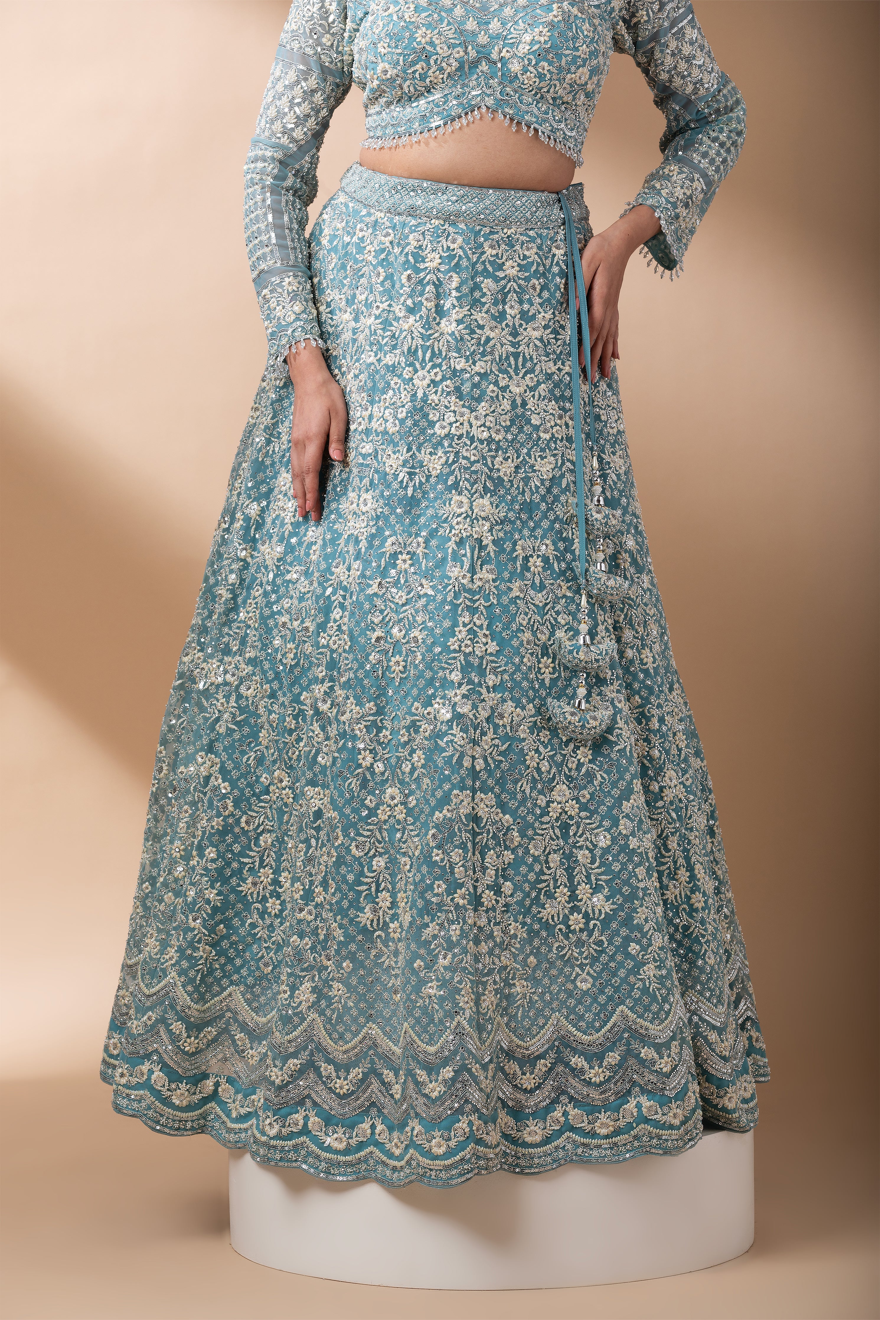 Aqua Blue Embroidered Net Lehenga Set  Mokshaa