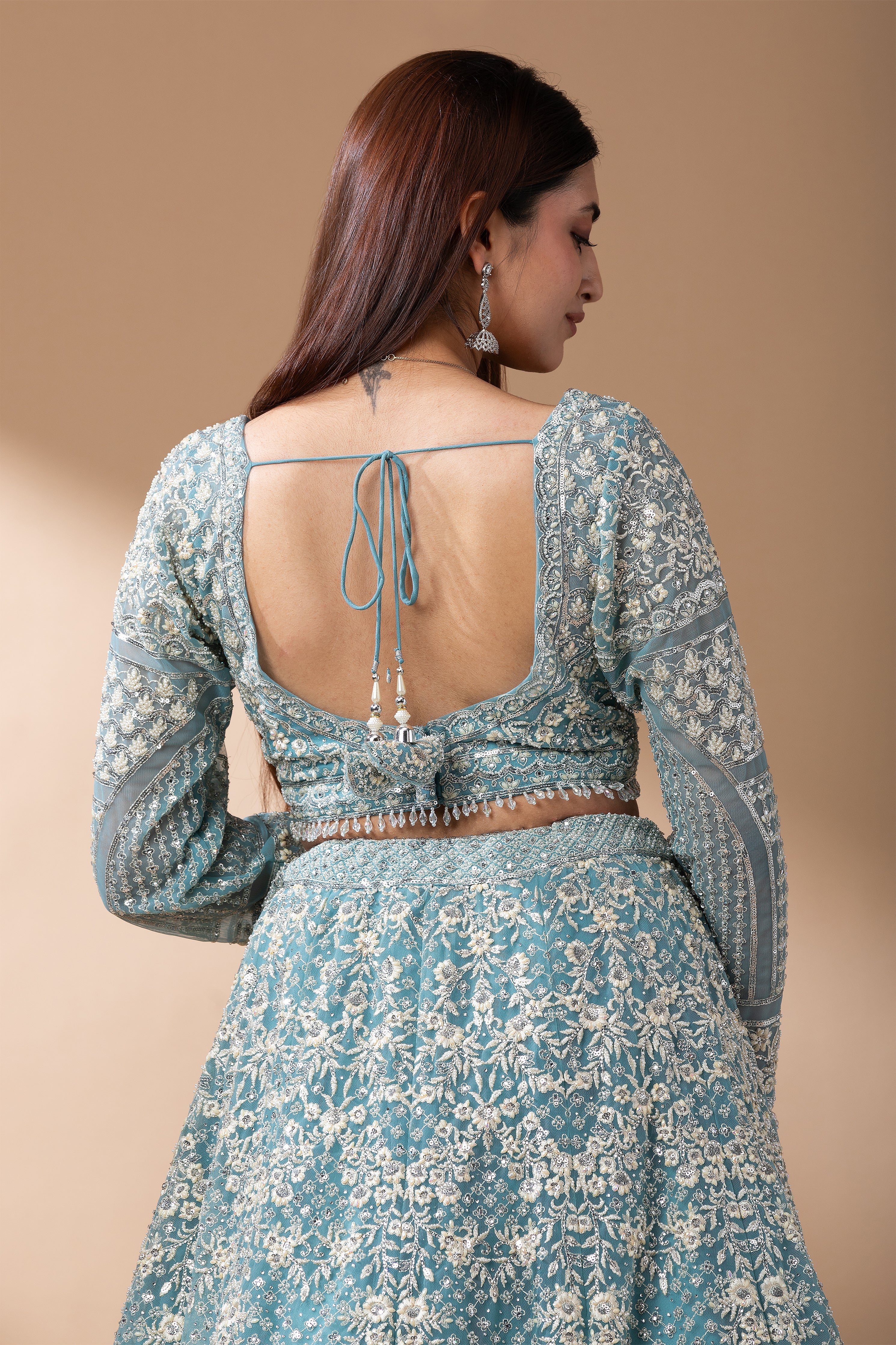 Aqua Blue Embroidered Net Lehenga Set  Mokshaa