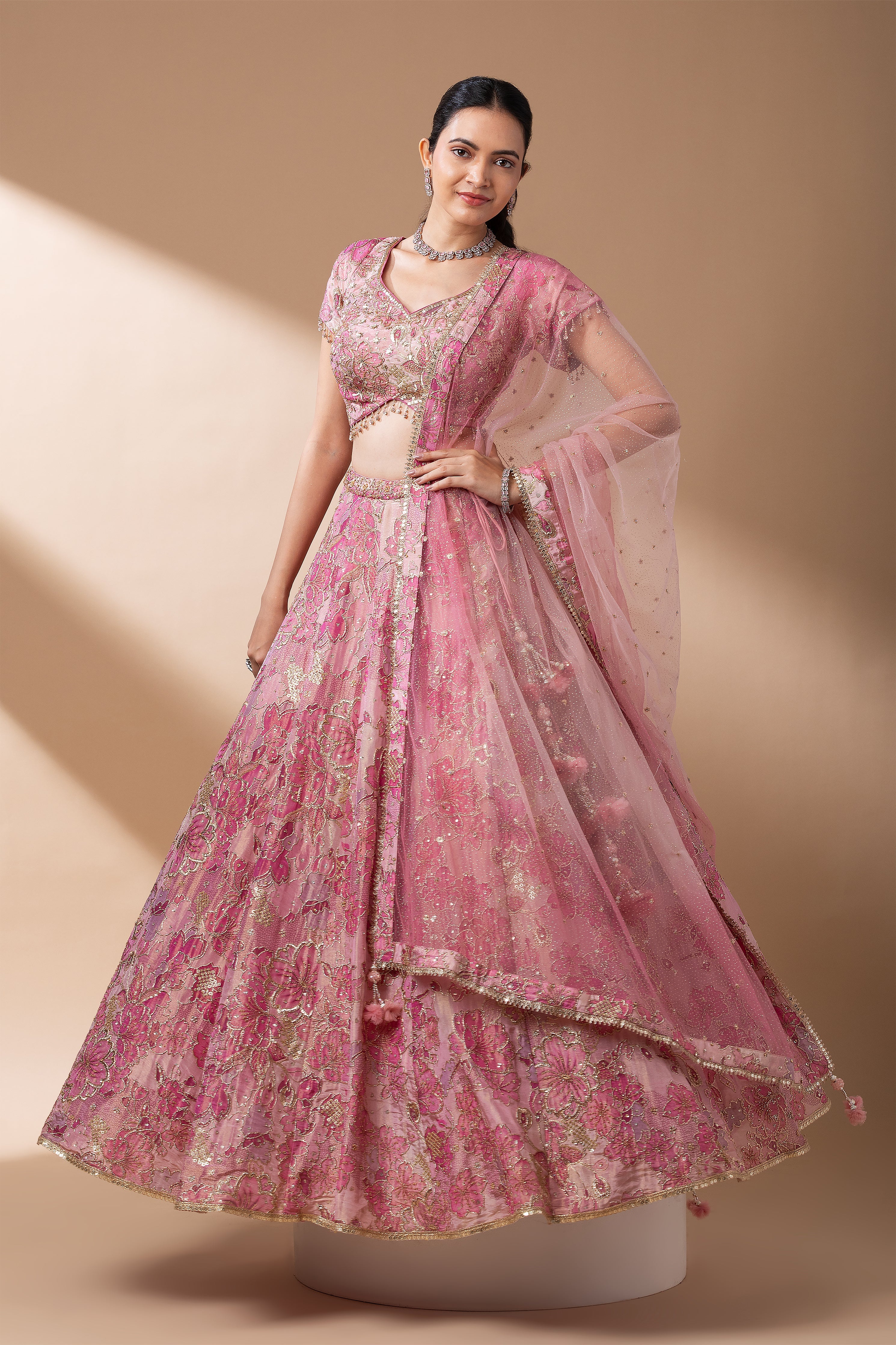 Blush Pink Floral Embroidered Lehenga Set  Mokshaa