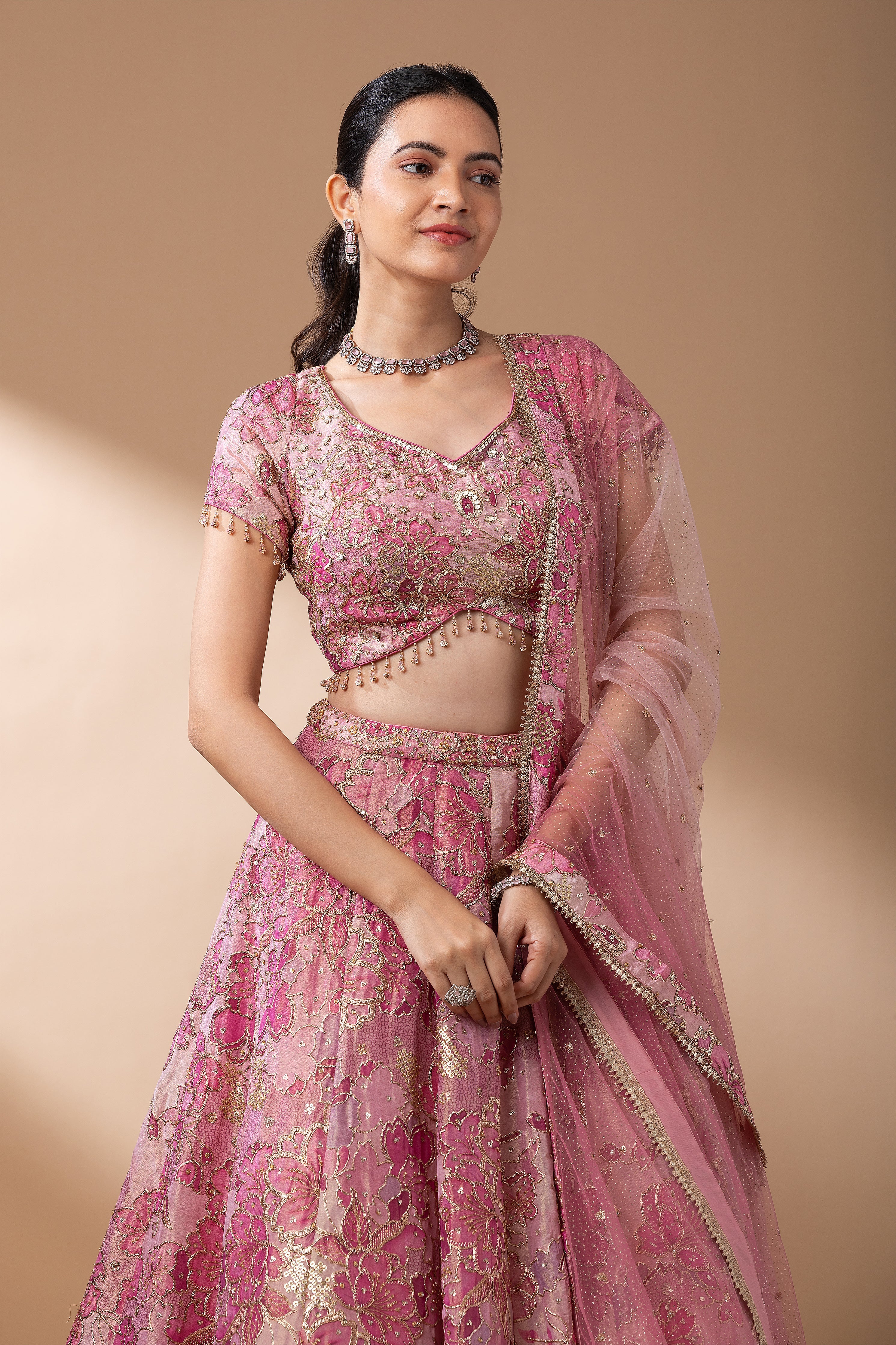 Blush Pink Floral Embroidered Lehenga Set  Mokshaa