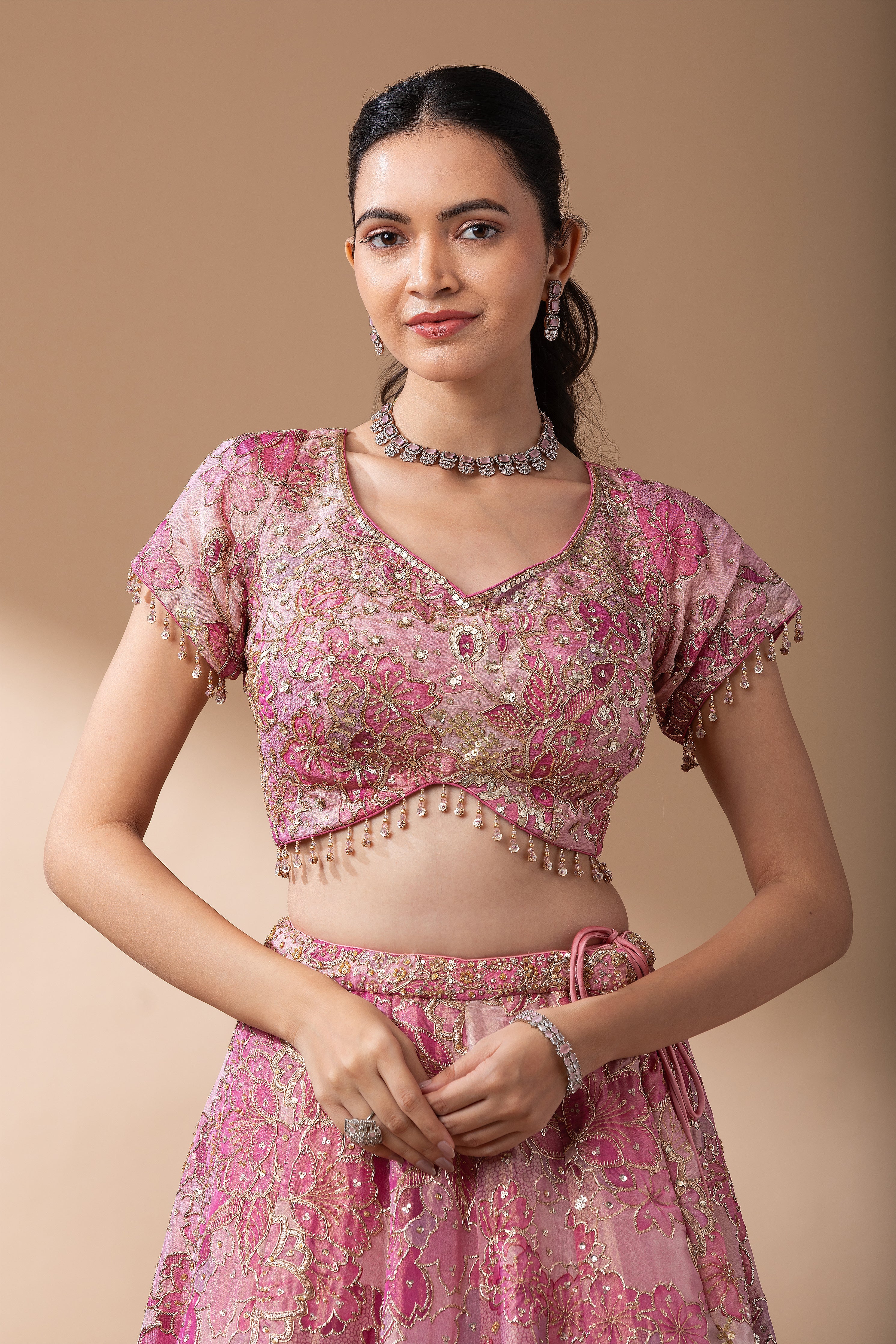 Blush Pink Floral Embroidered Lehenga Set  Mokshaa