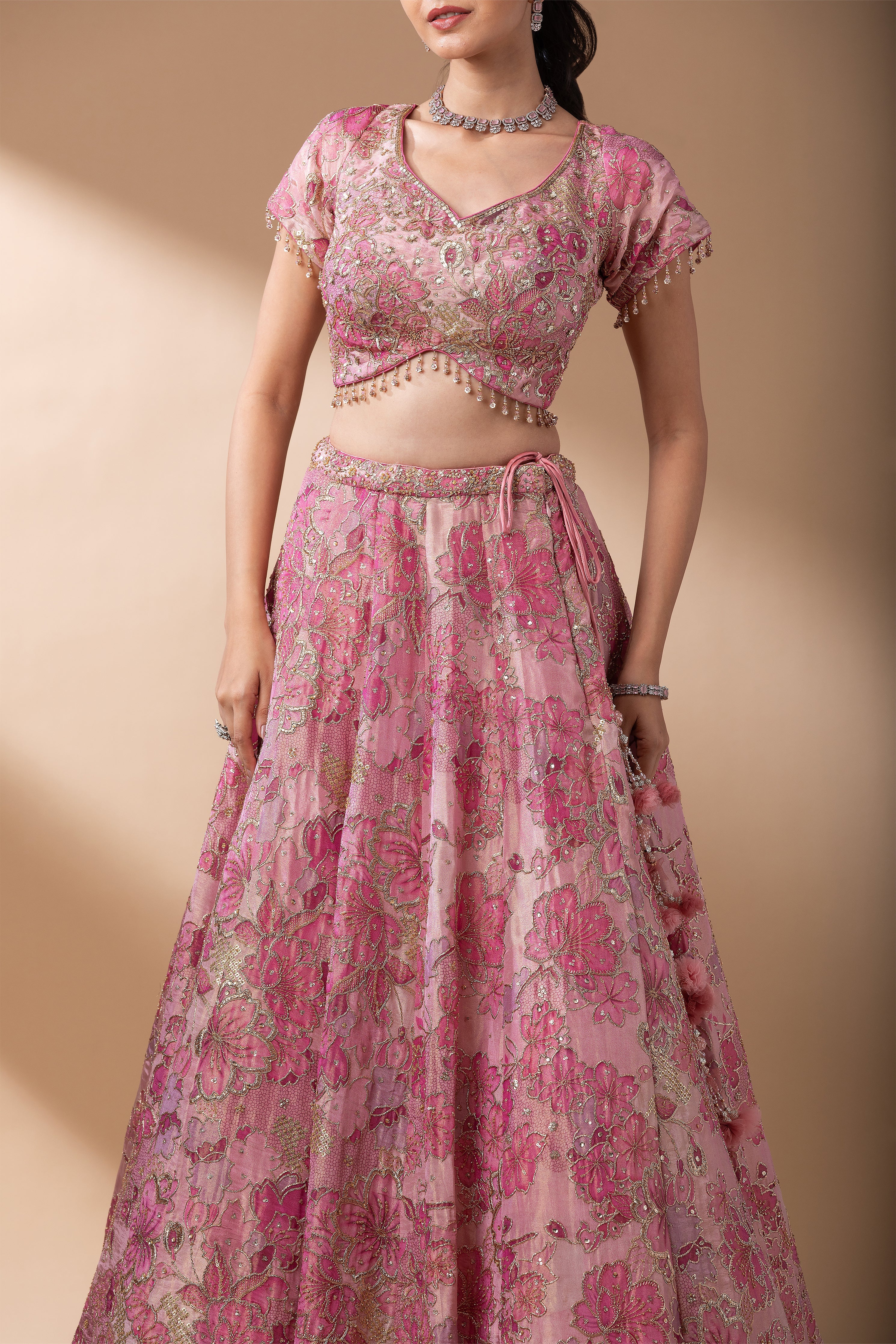 Blush Pink Floral Embroidered Lehenga Set  Mokshaa