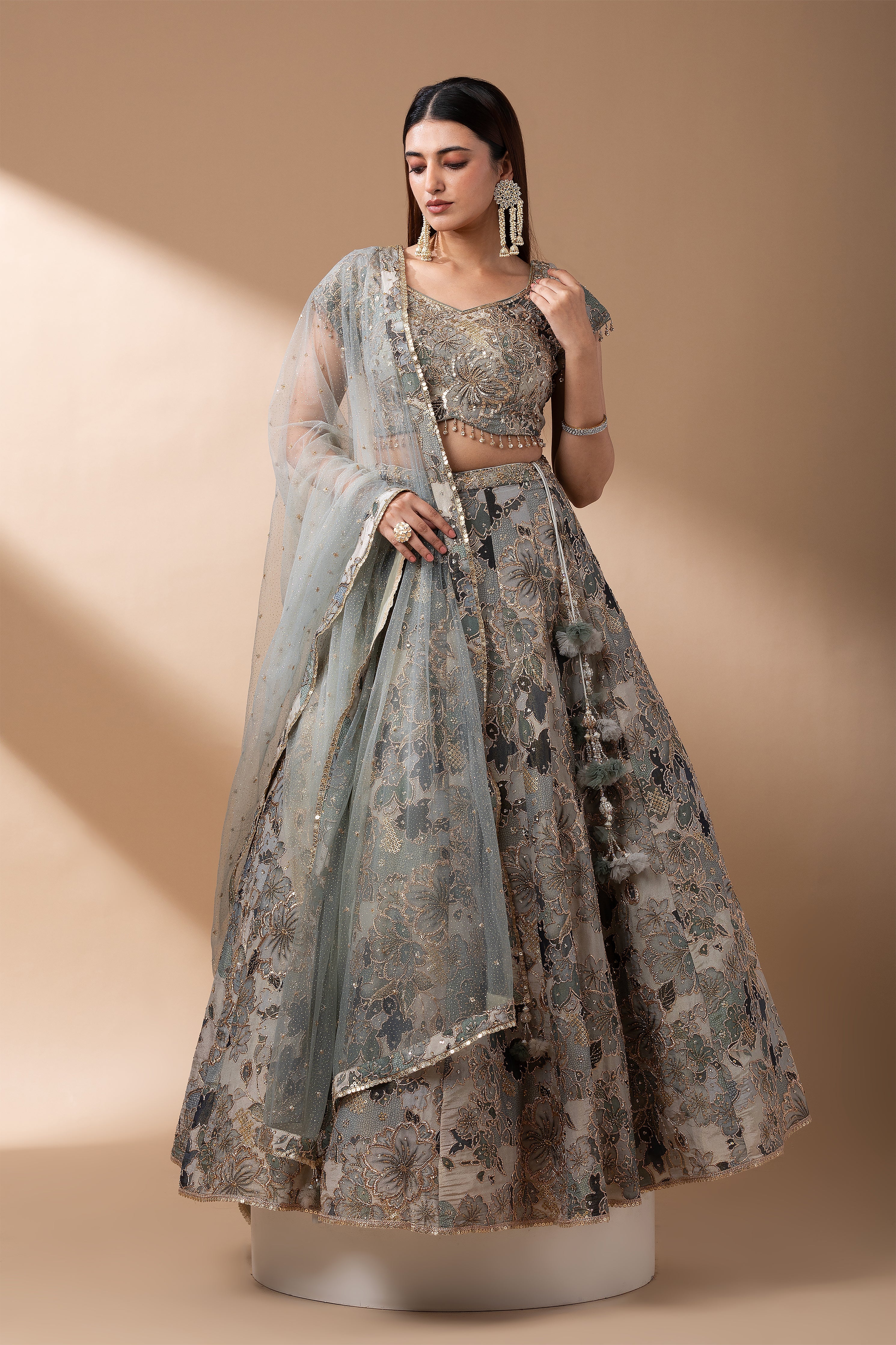 Sage Green Floral Embroidered Lehenga Set  Mokshaa