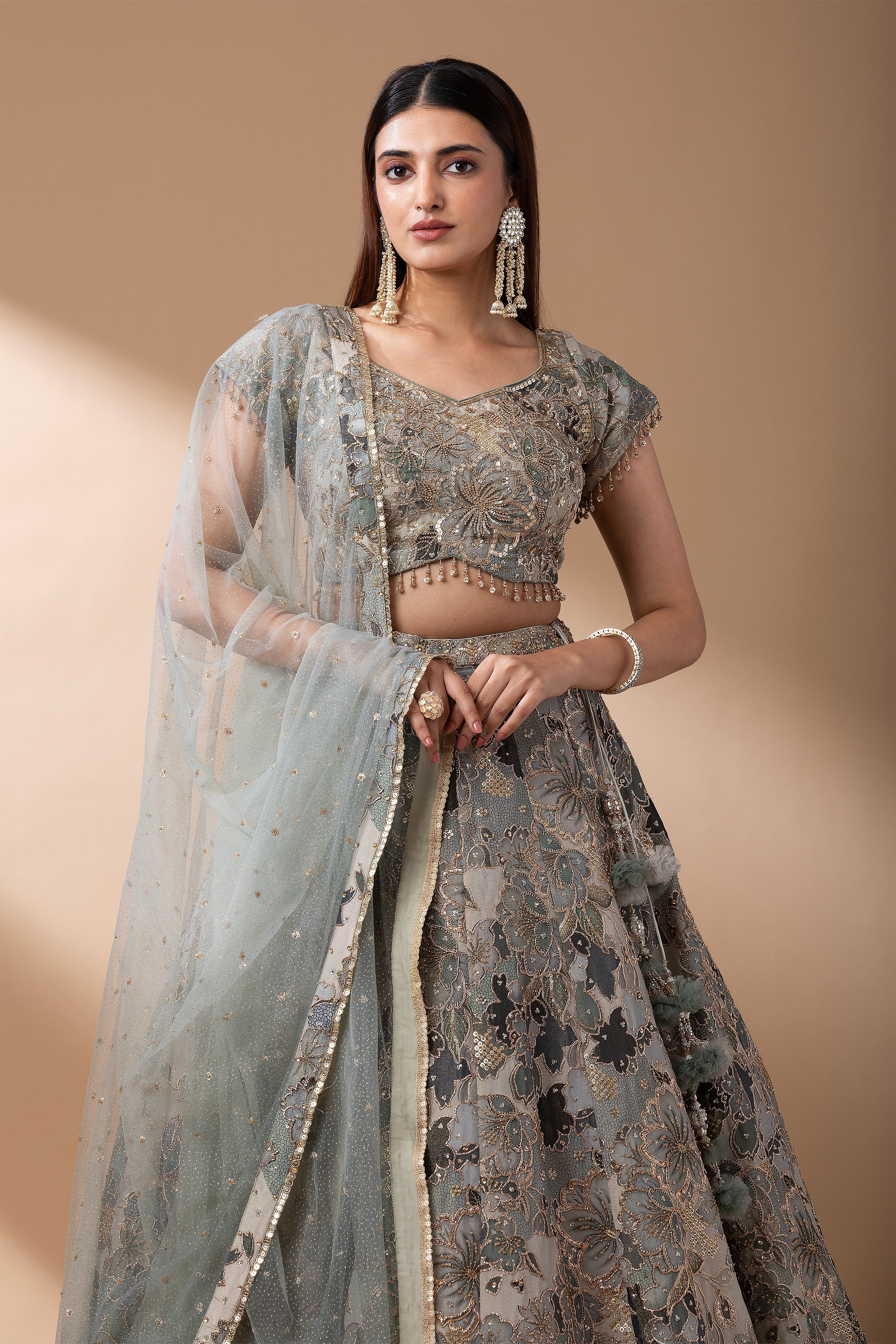 Sage Green Floral Embroidered Lehenga Set  Mokshaa