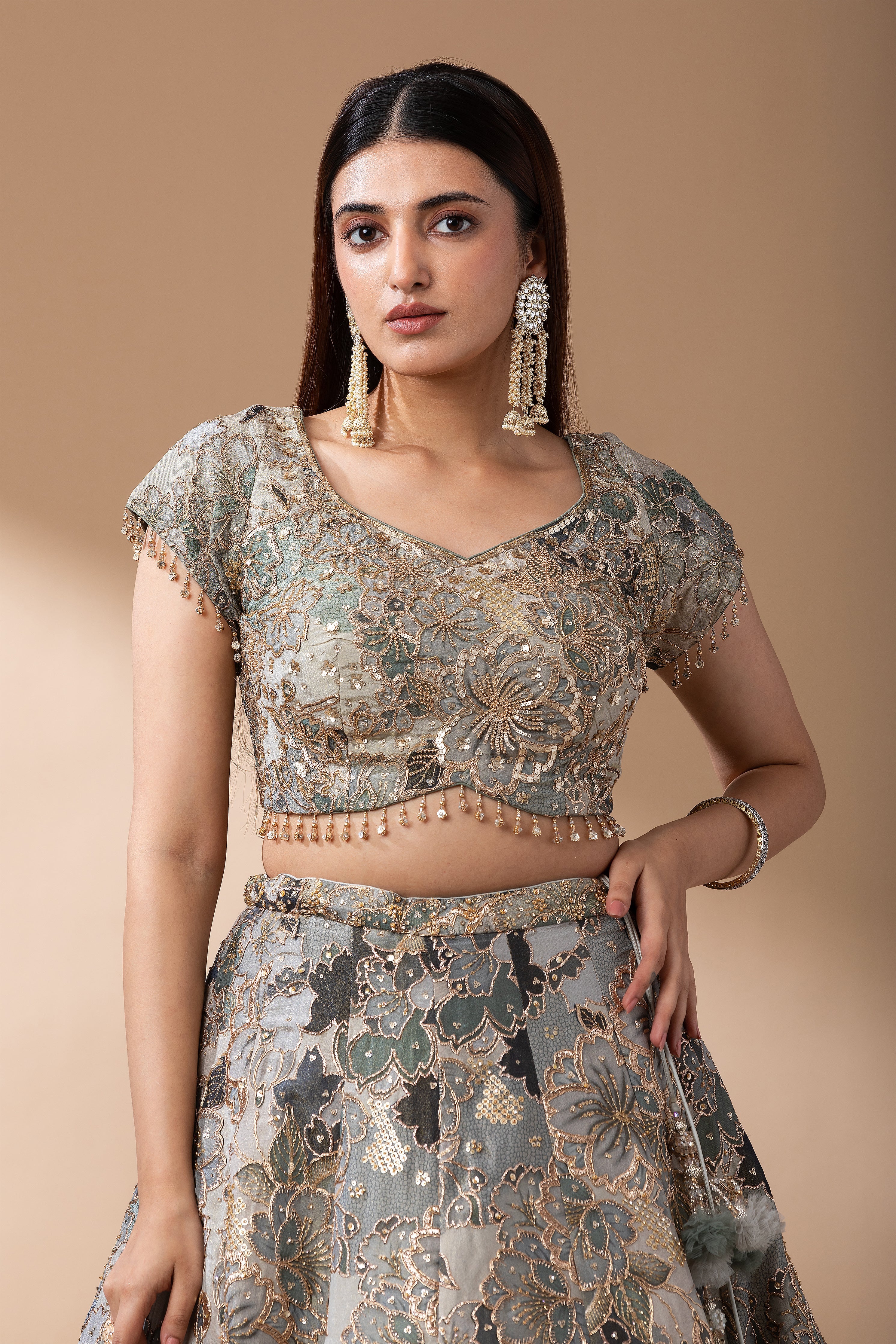 Sage Green Floral Embroidered Lehenga Set  Mokshaa