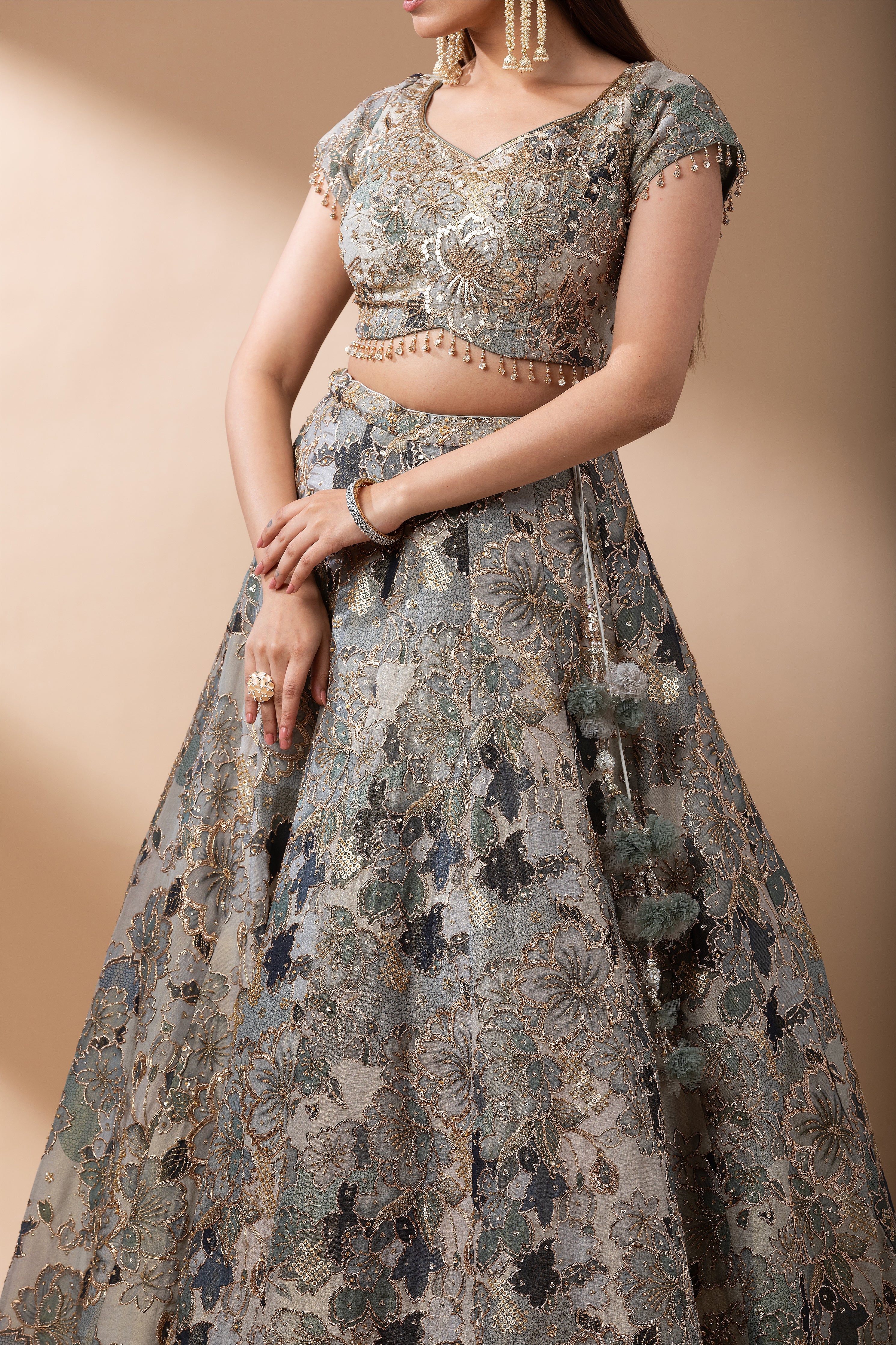 Sage Green Floral Embroidered Lehenga Set  Mokshaa