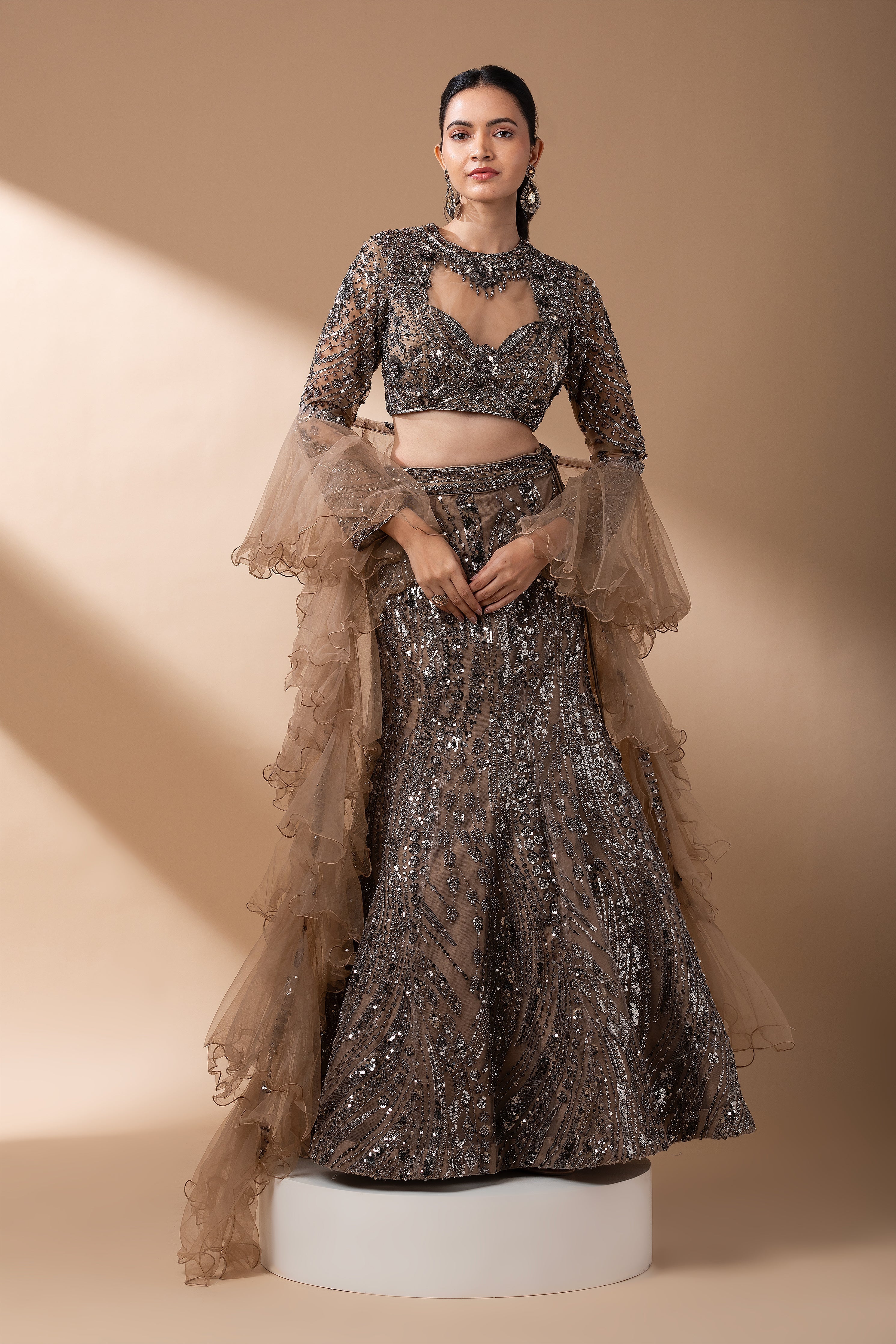 Smoky Bronze Sequined Mermaid Lehenga Set  Mokshaa