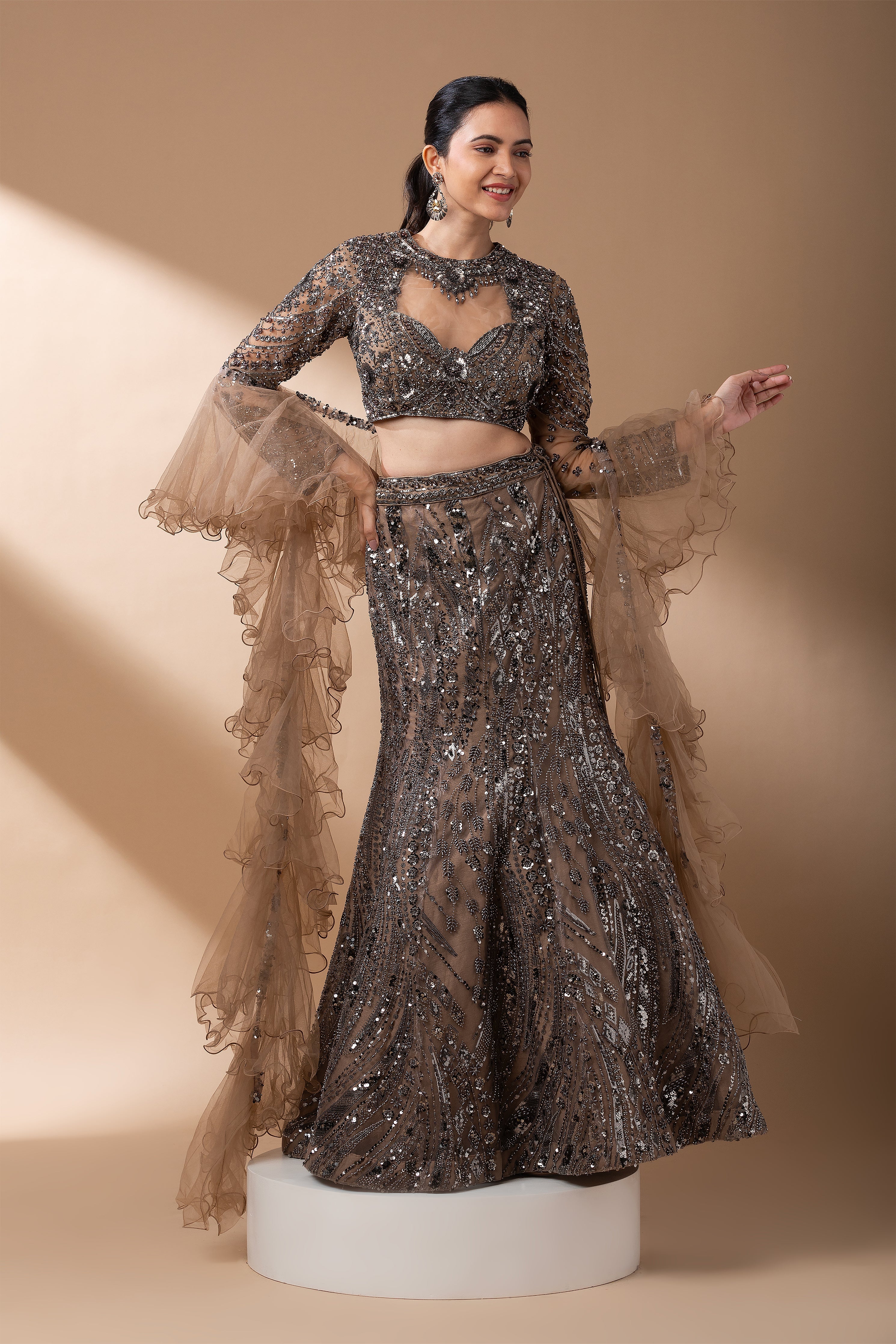 Smoky Bronze Sequined Mermaid Lehenga Set  Mokshaa