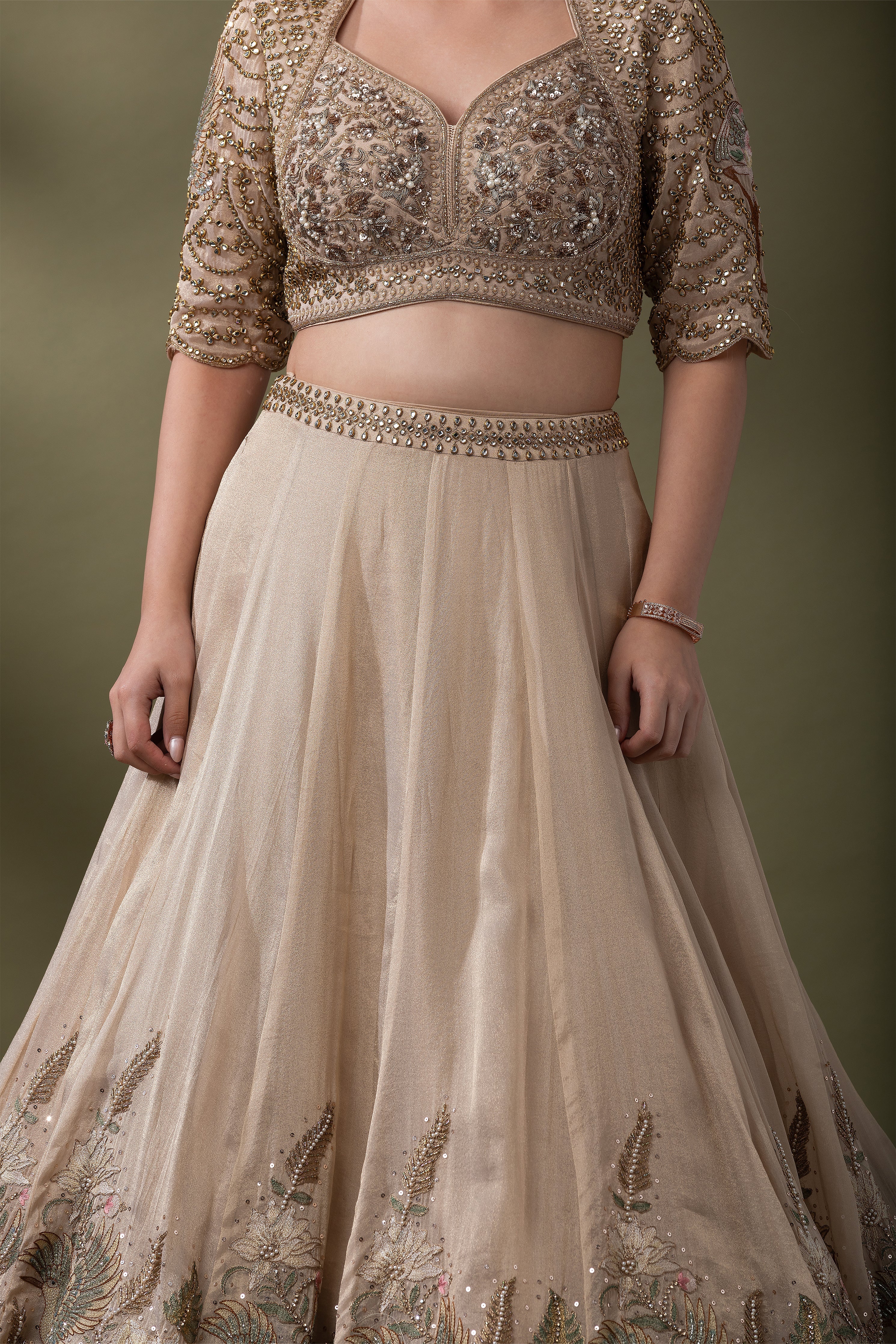 Champagne Gold Embroidered Lehenga Set  Mokshaa