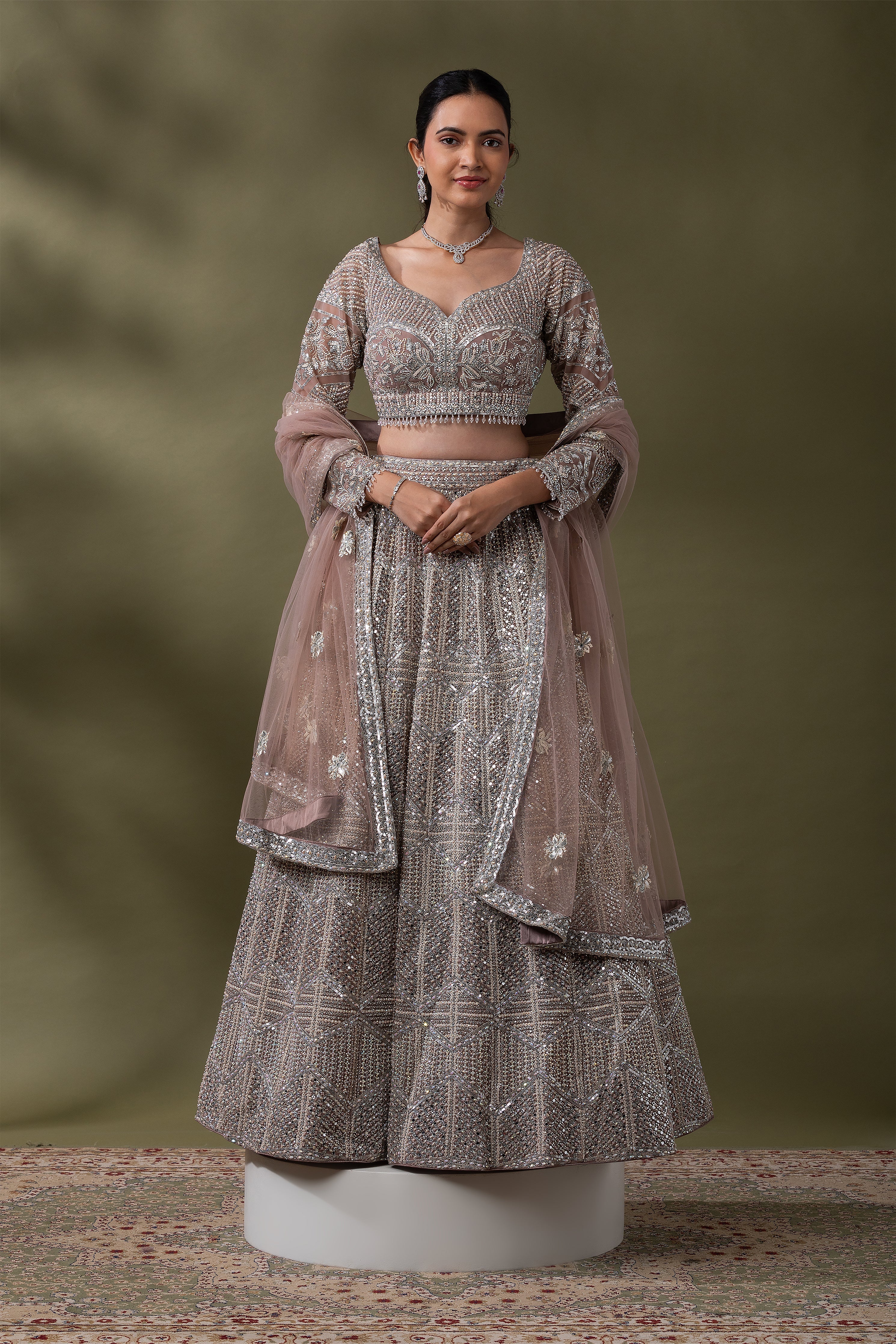 Dusty Rose Sequined Embroidered Lehenga Set  Mokshaa