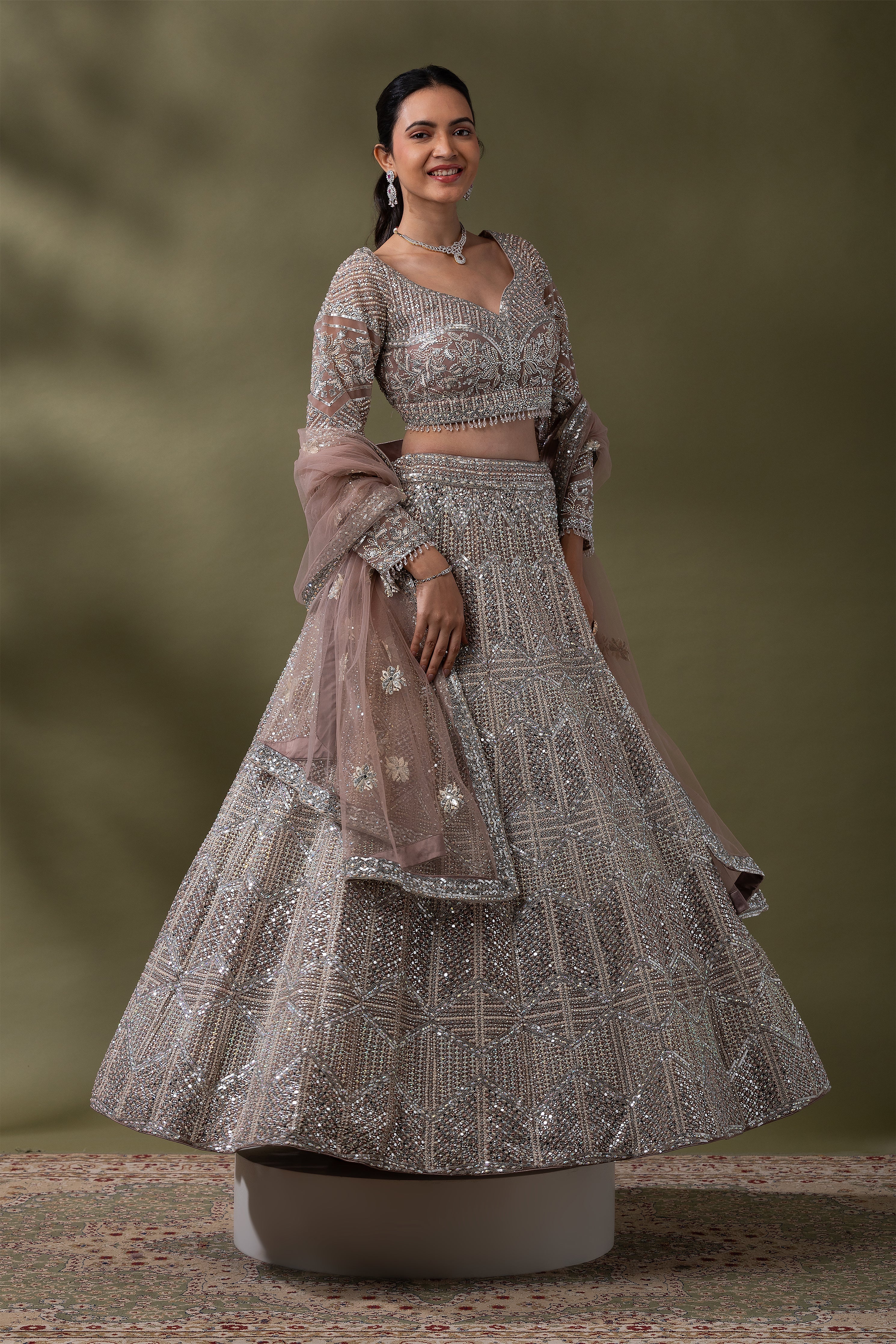 Dusty Rose Sequined Embroidered Lehenga Set  Mokshaa