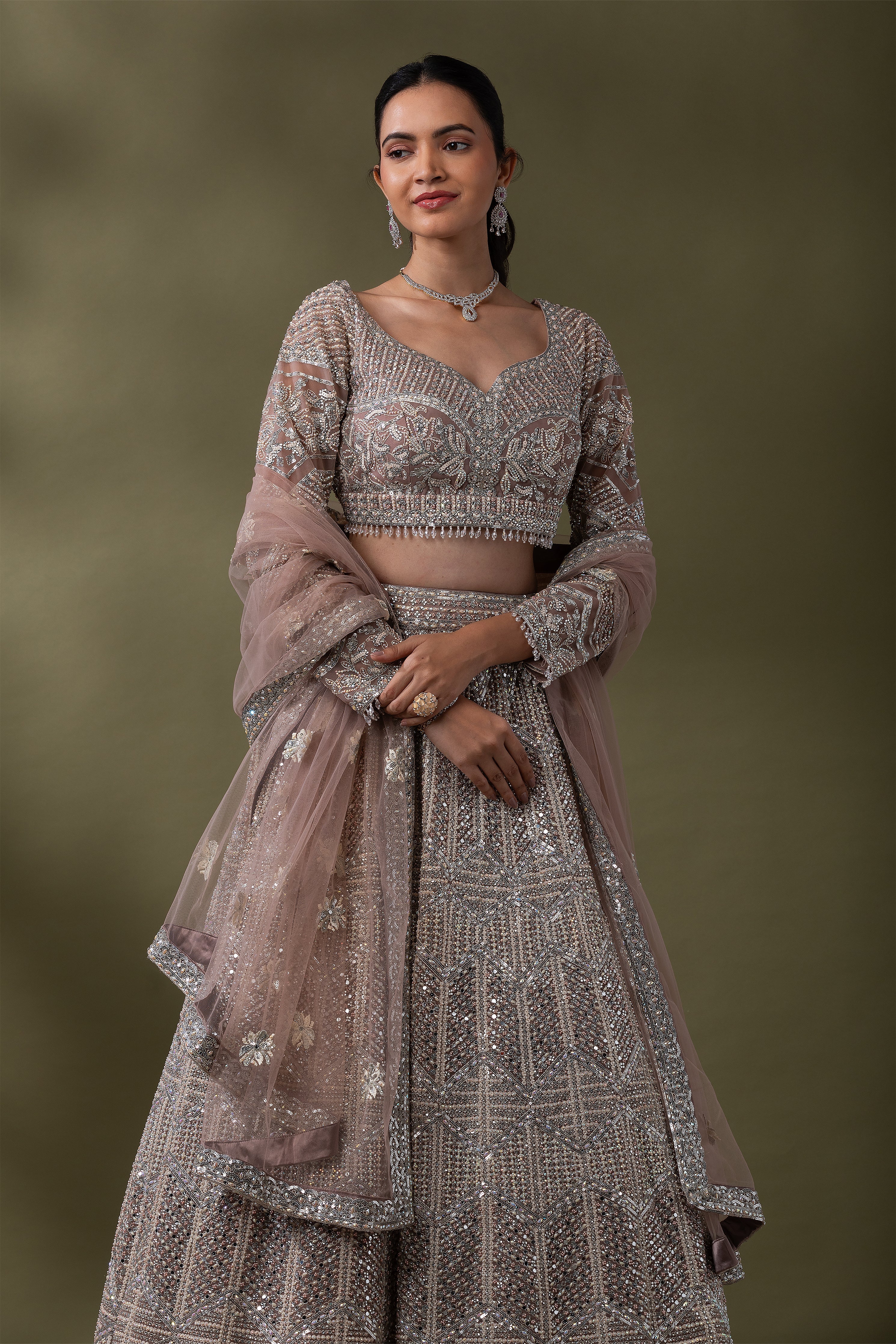 Dusty Rose Sequined Embroidered Lehenga Set  Mokshaa