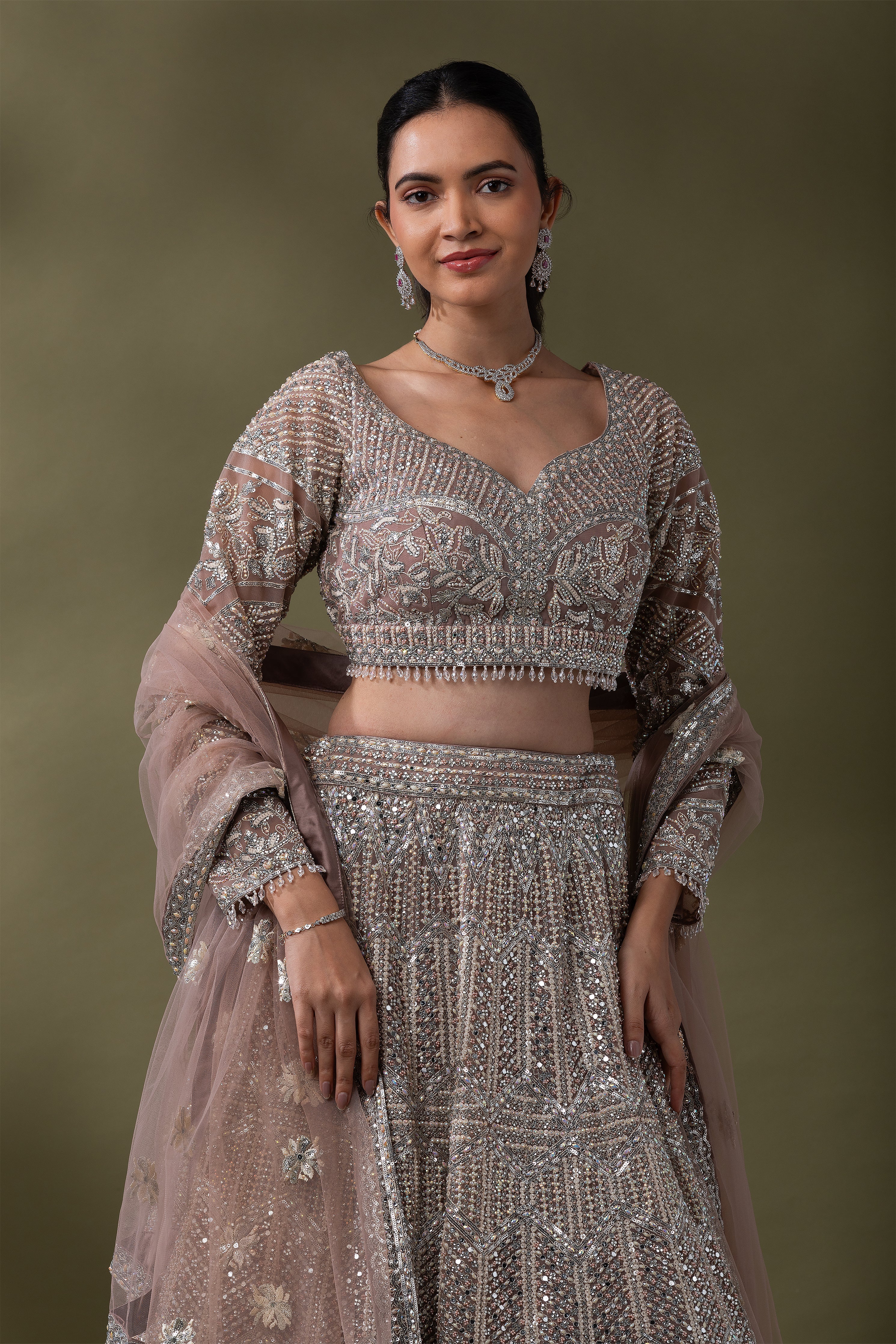 Dusty Rose Sequined Embroidered Lehenga Set  Mokshaa