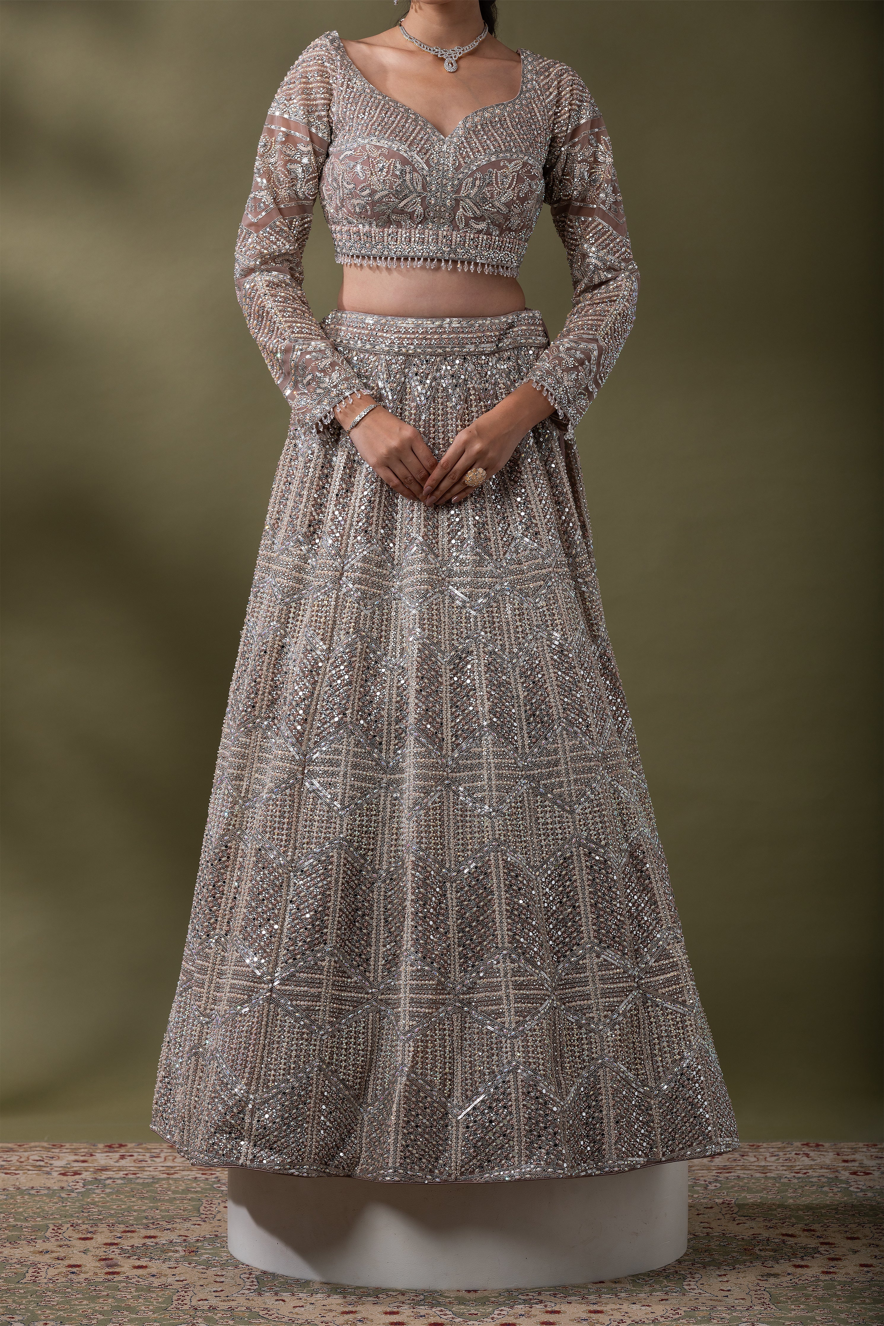 Dusty Rose Sequined Embroidered Lehenga Set  Mokshaa