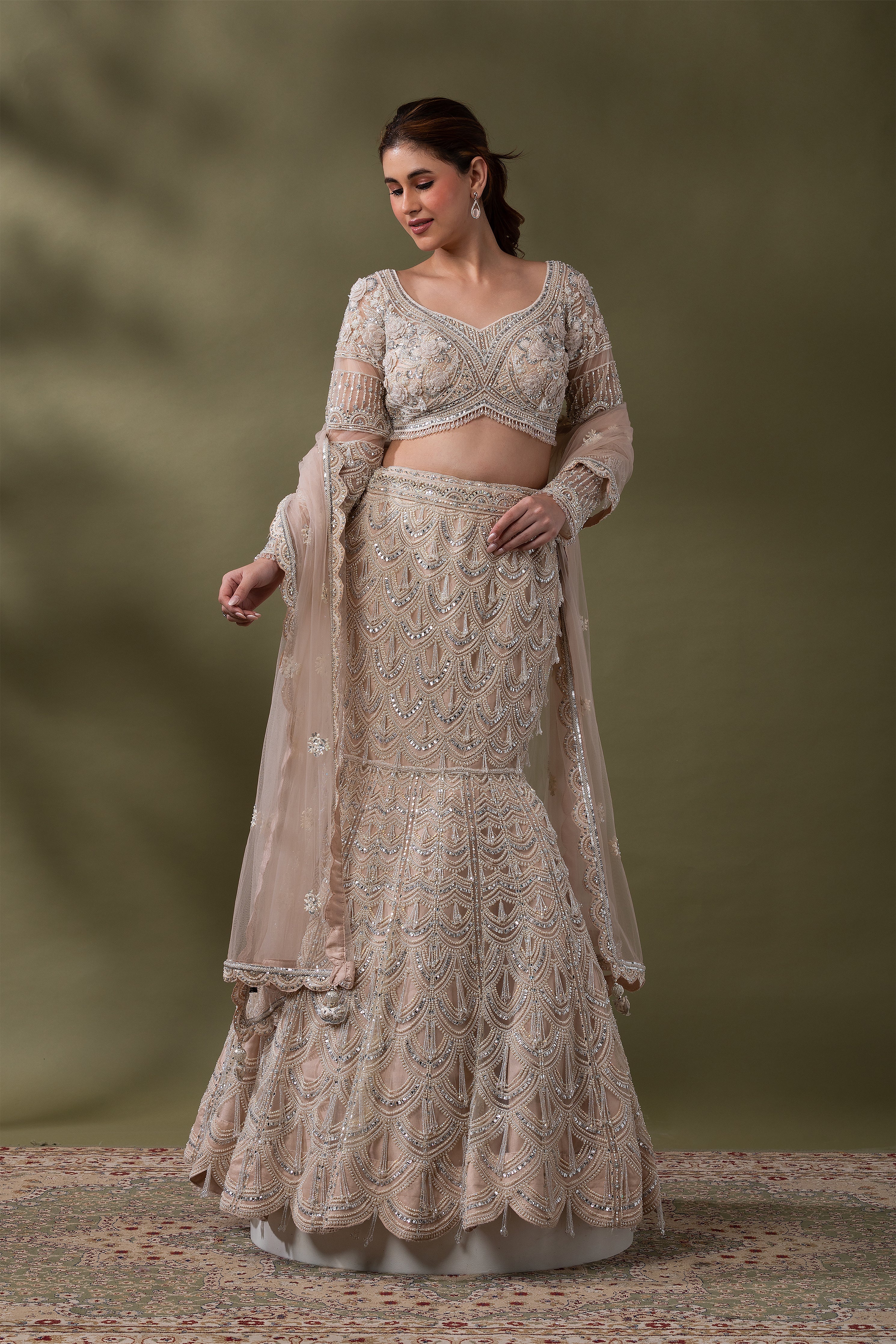 Champagne Embroidered Mermaid Lehenga Set  Mokshaa