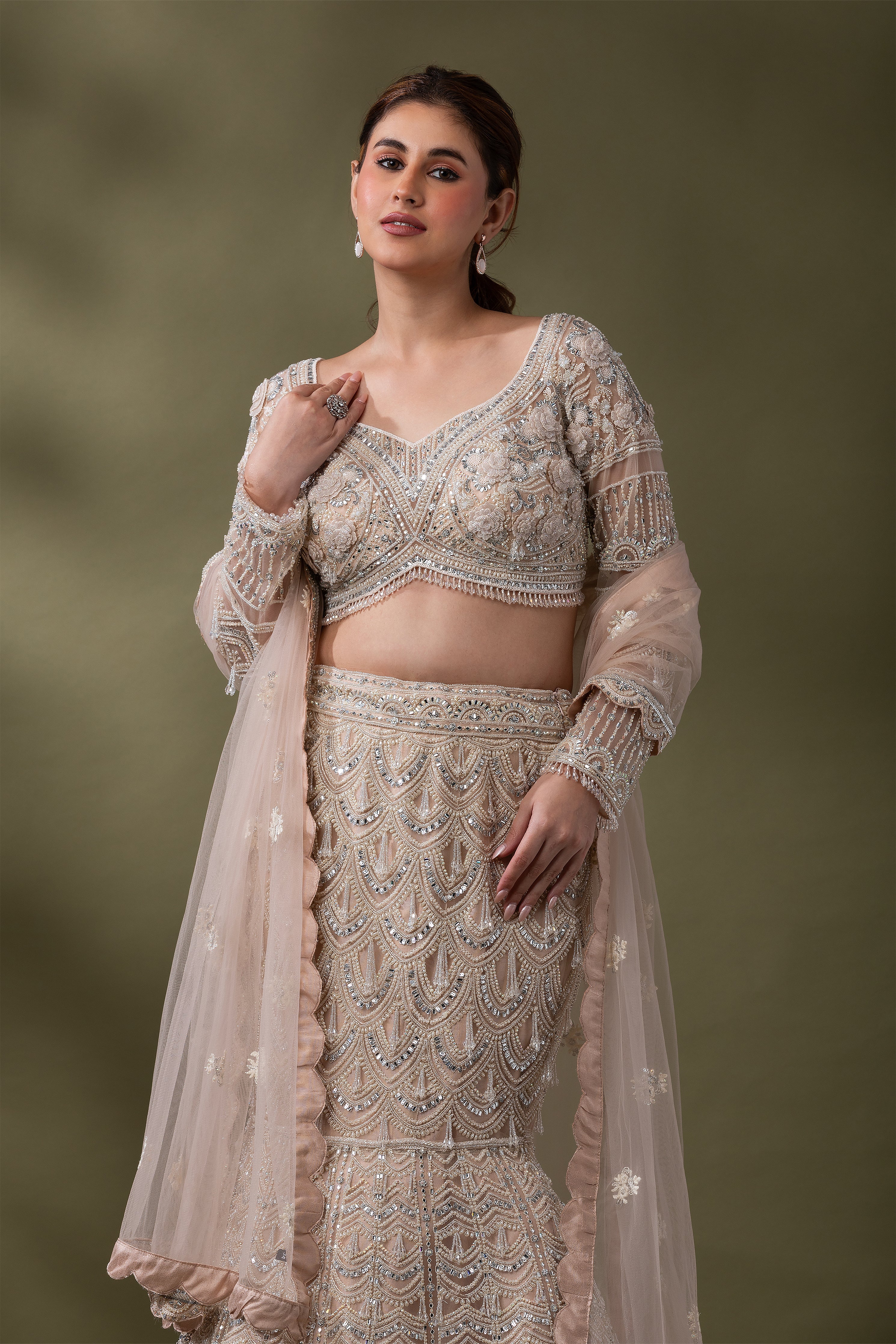 Champagne Embroidered Mermaid Lehenga Set  Mokshaa