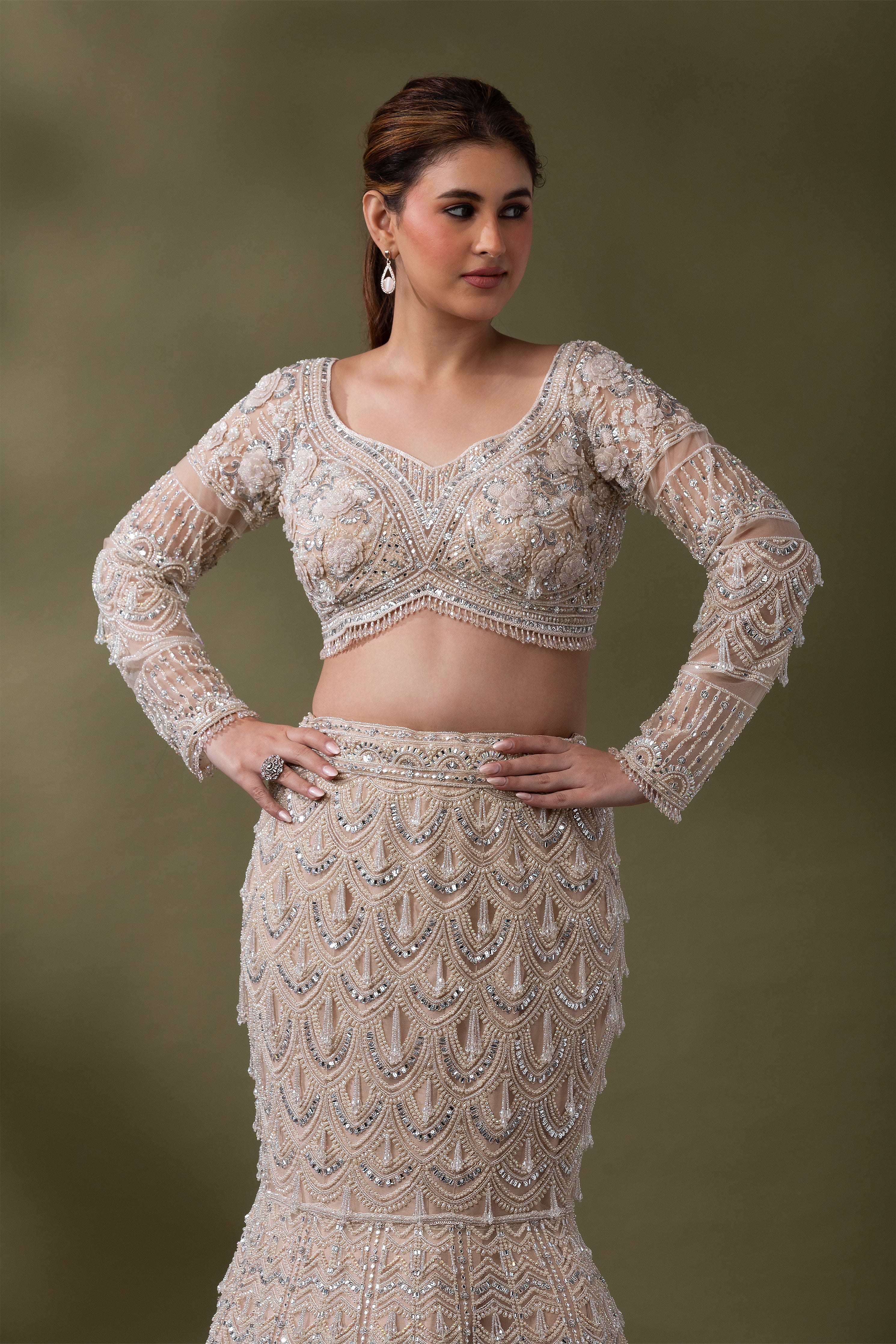 Champagne Embroidered Mermaid Lehenga Set  Mokshaa