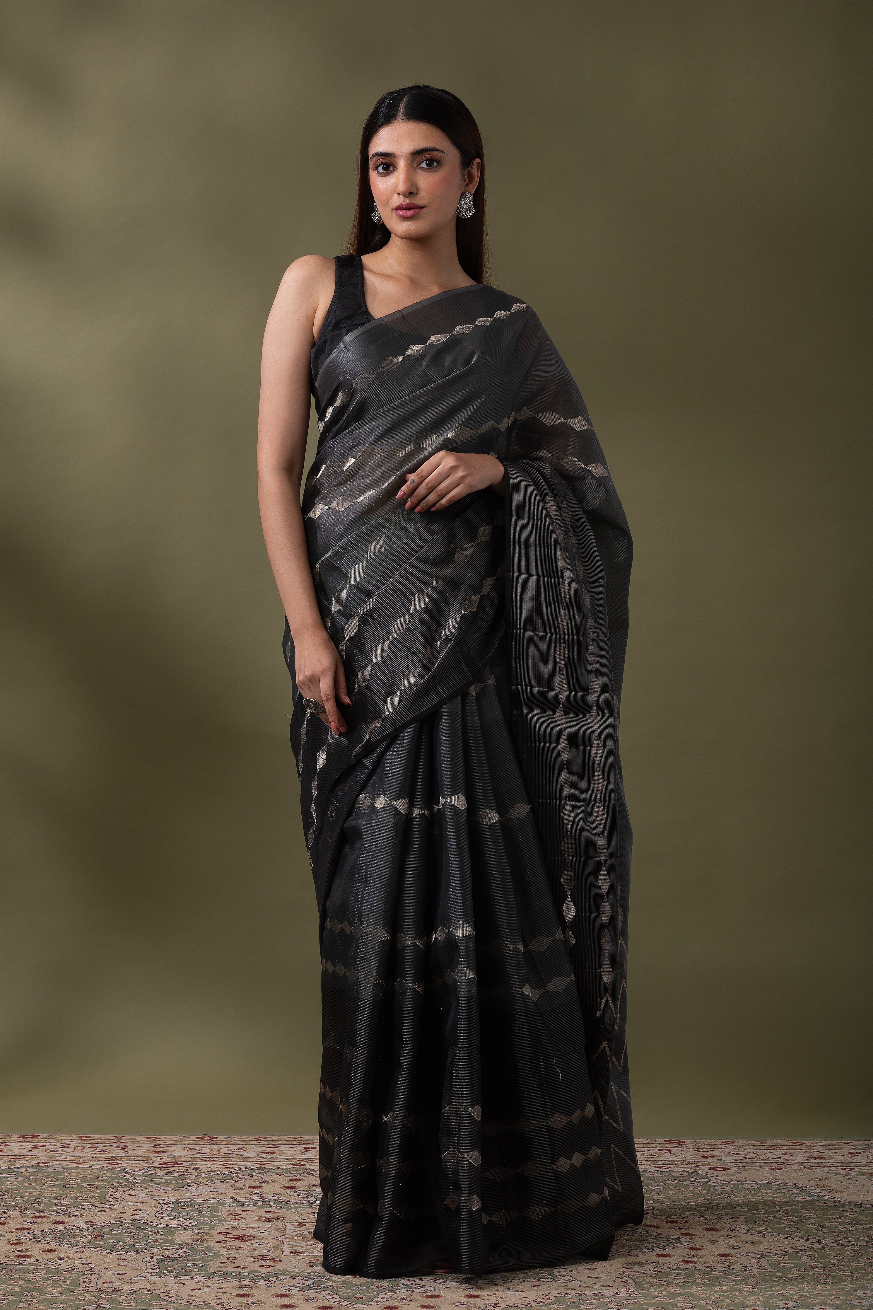 Black and Grey Silk Kora Saree  Mokshaa