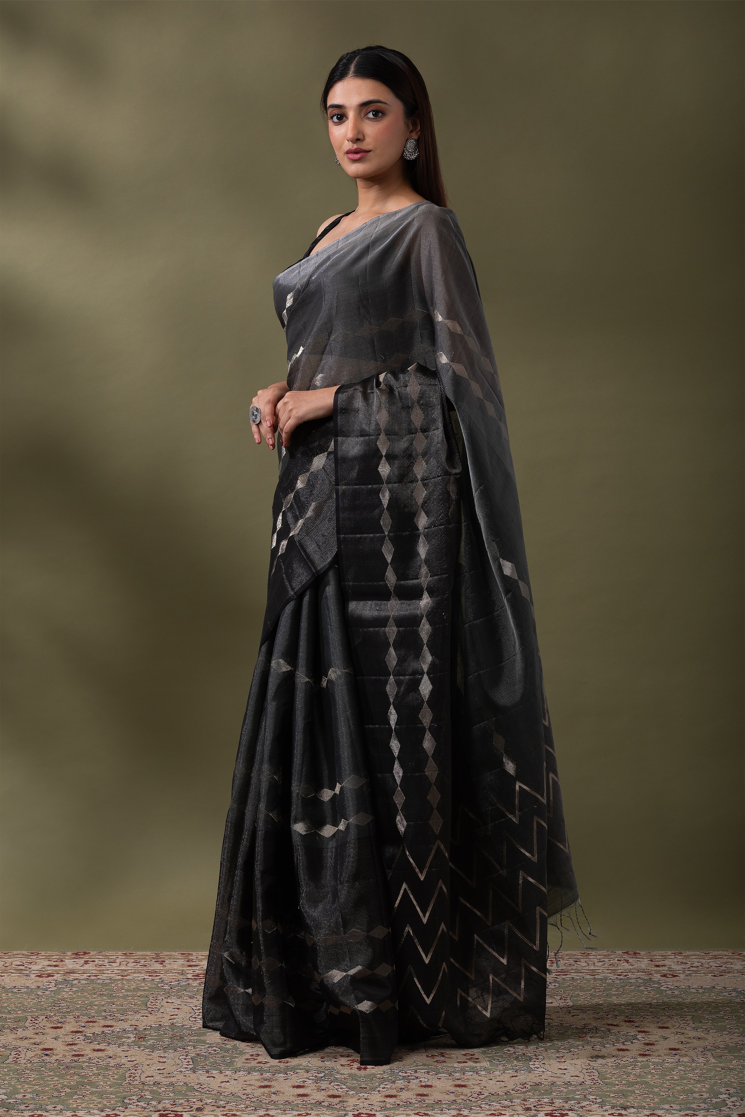 Black and Grey Silk Kora Saree  Mokshaa