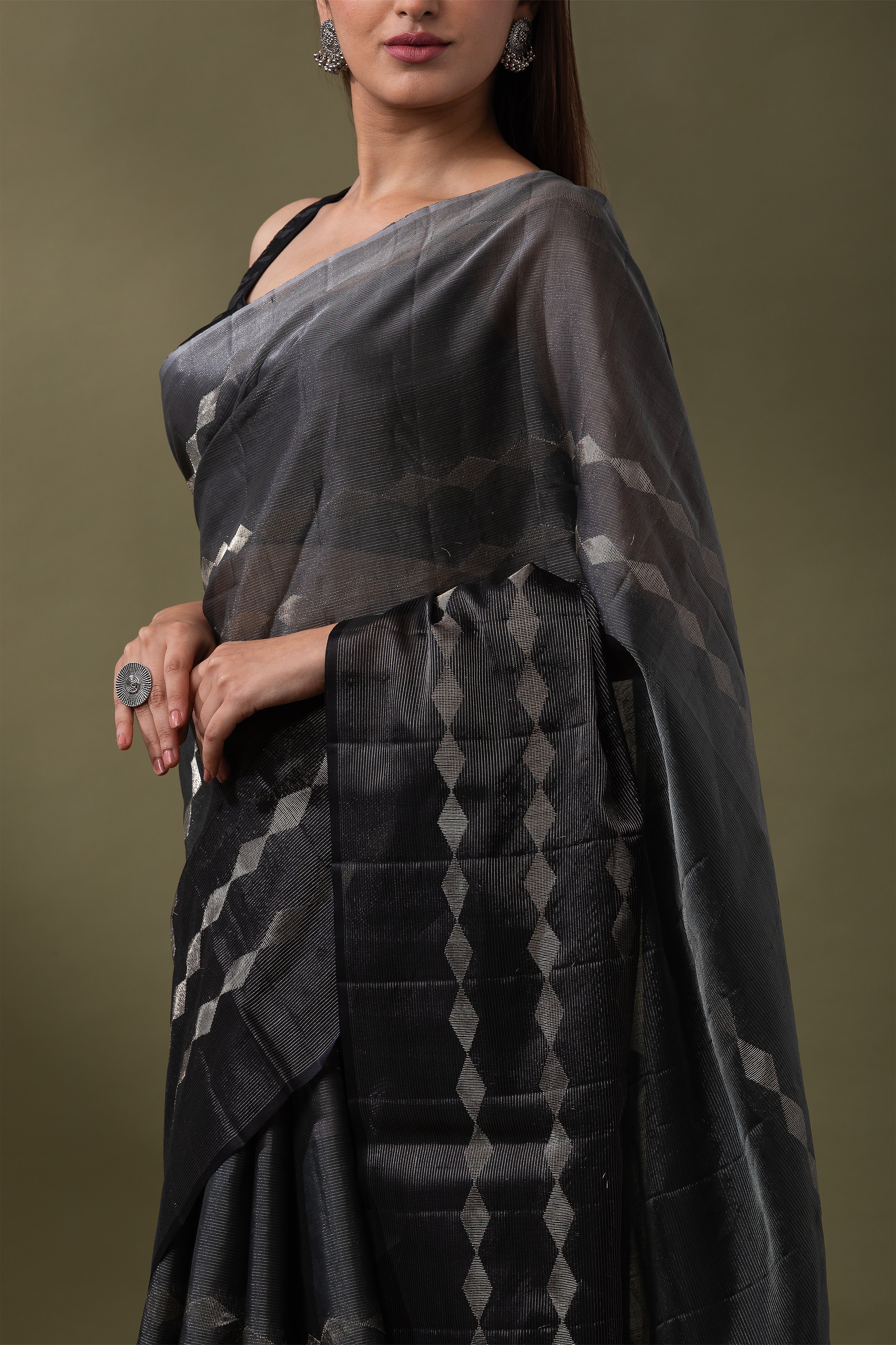 Black and Grey Silk Kora Saree  Mokshaa