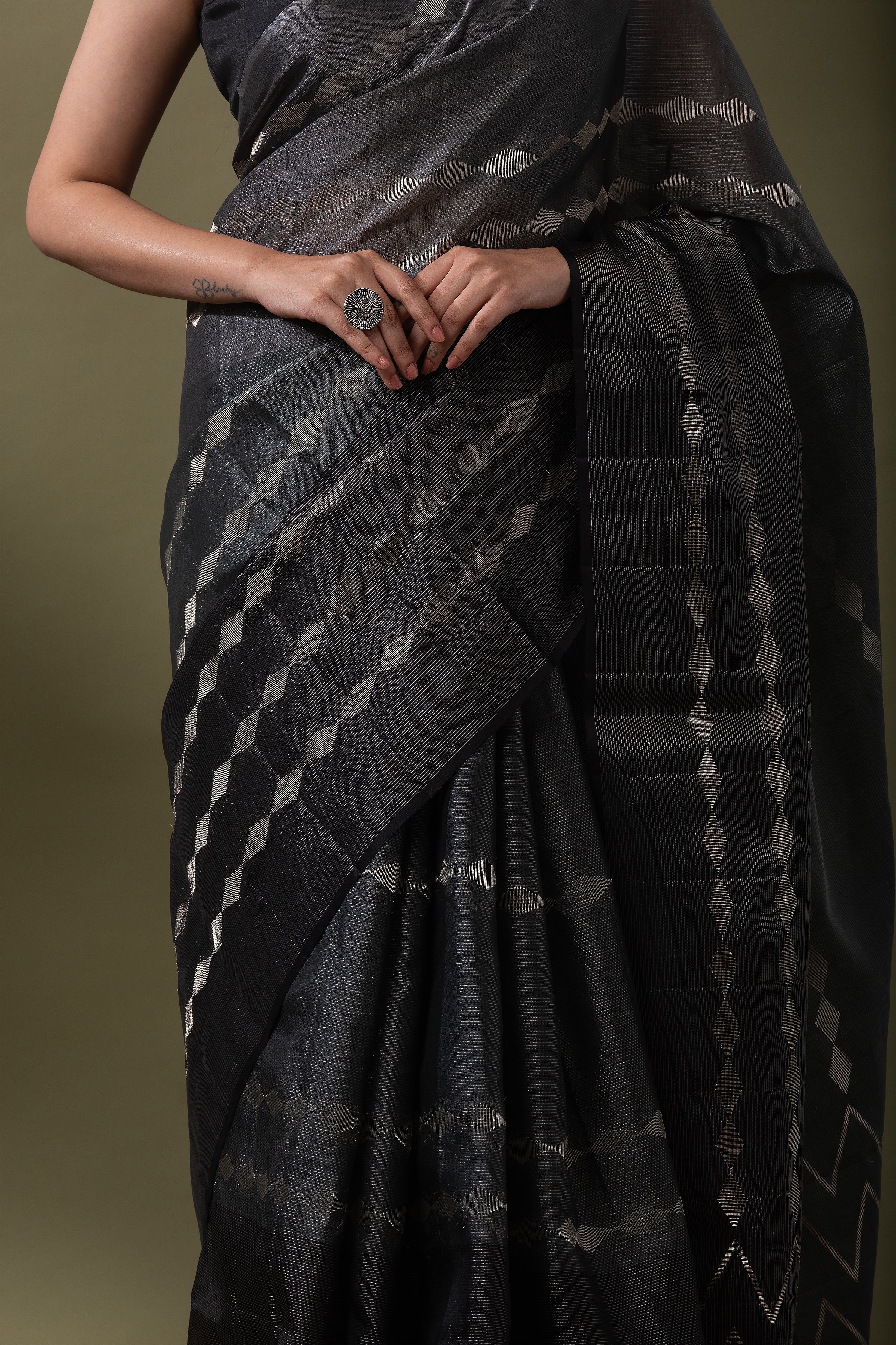 Black and Grey Silk Kora Saree  Mokshaa