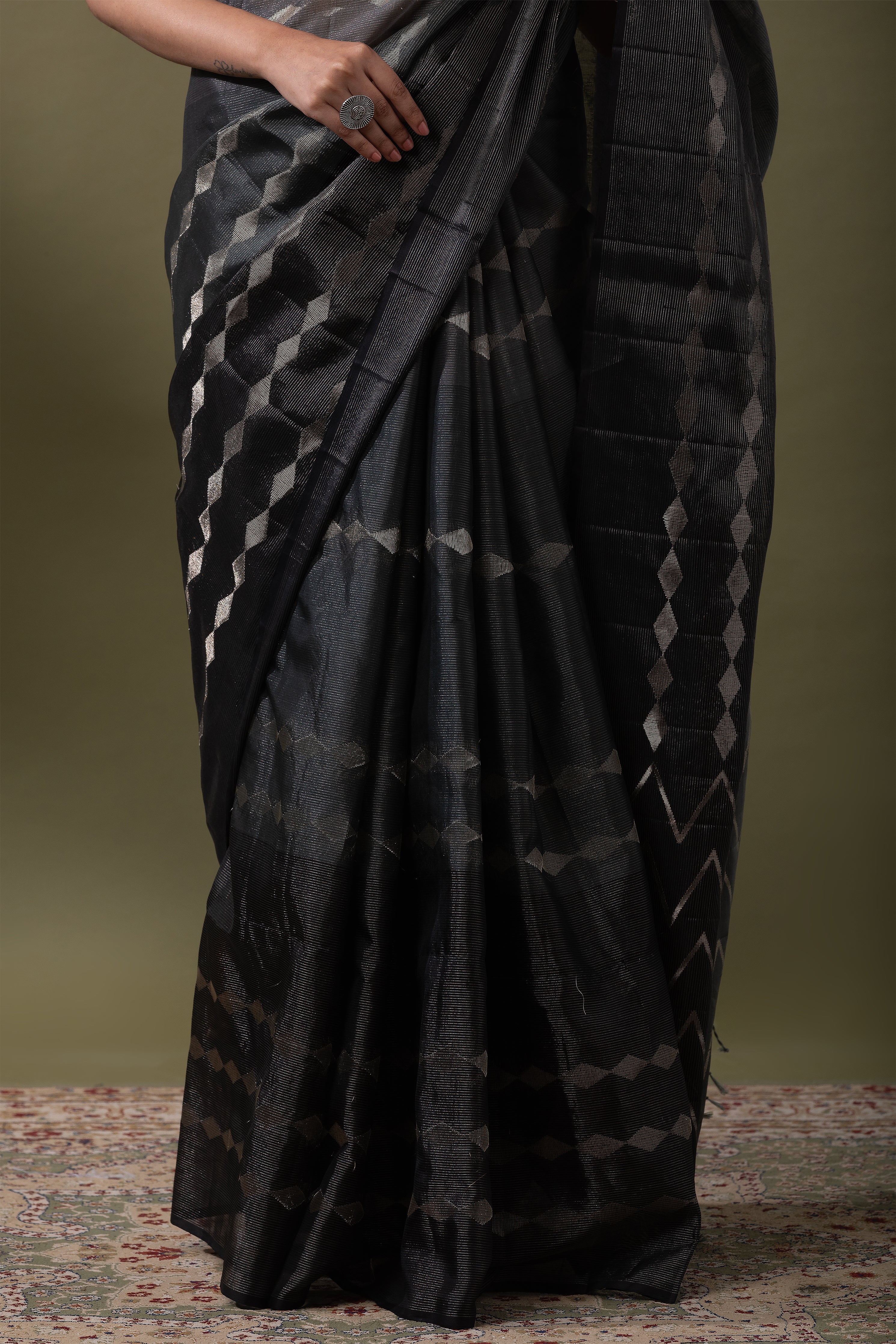 Black and Grey Silk Kora Saree  Mokshaa