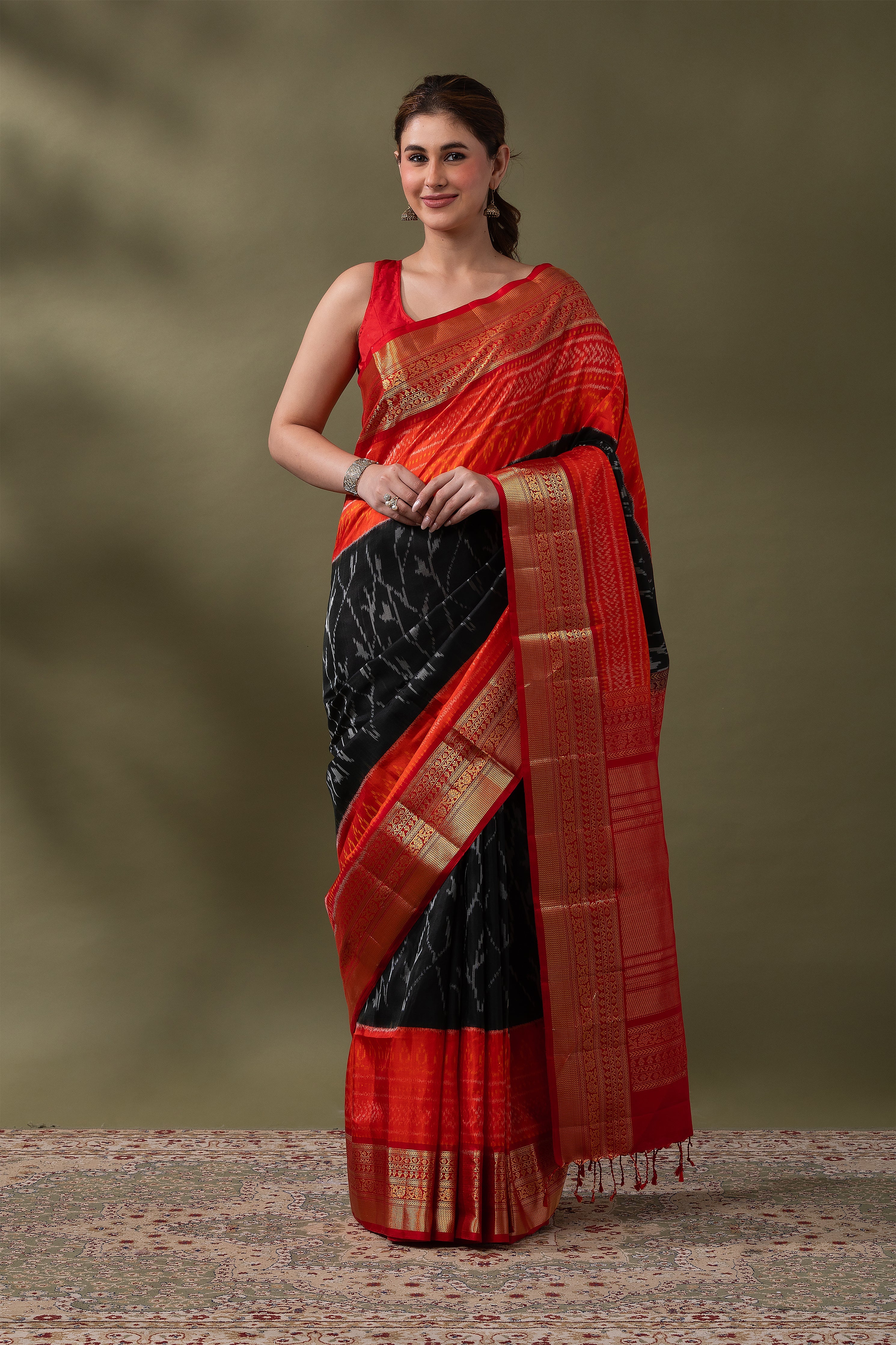 Grey & Red Ikat Soft Silk Saree (Copy)  Mokshaa