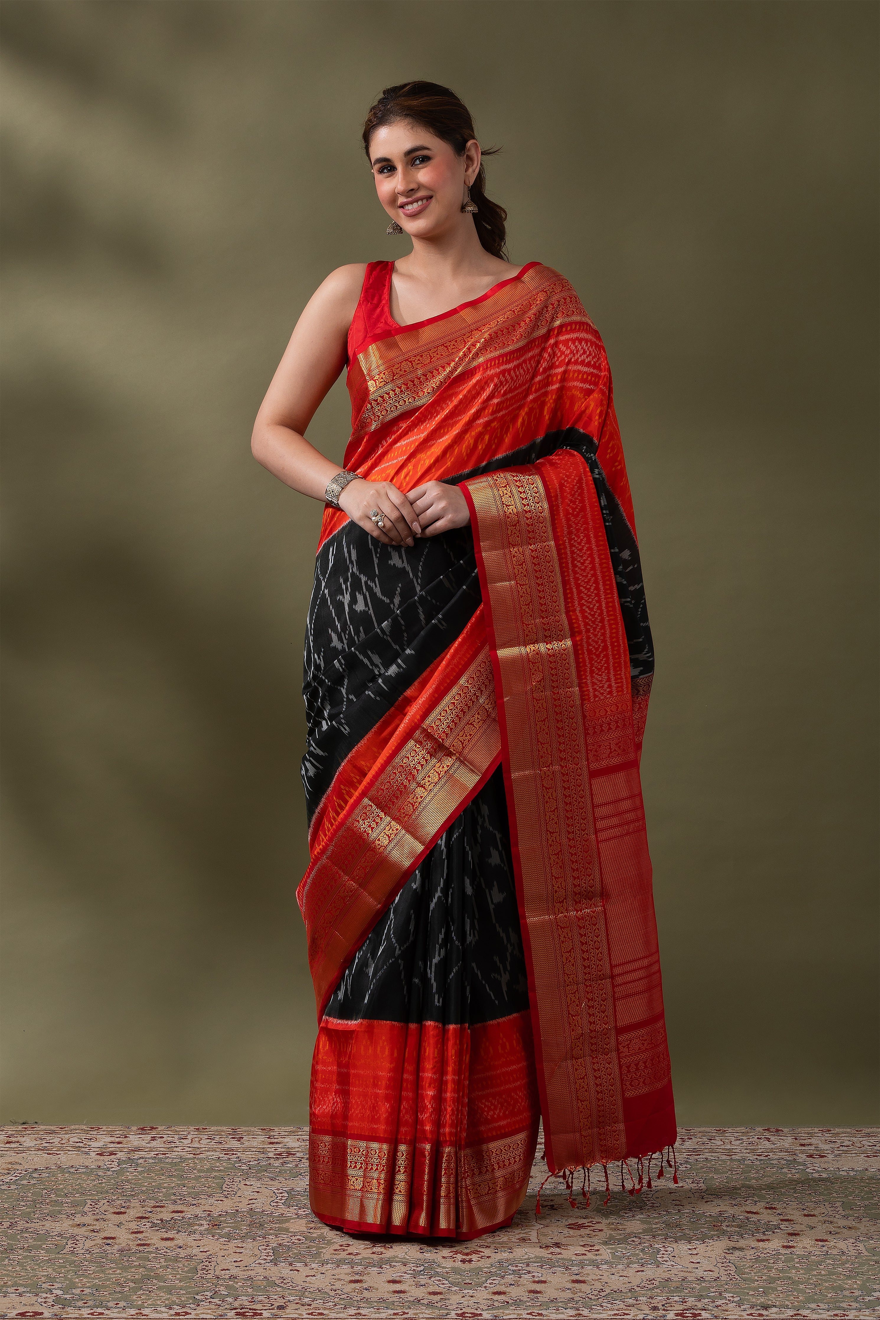 Grey & Red Ikat Soft Silk Saree (Copy)  Mokshaa