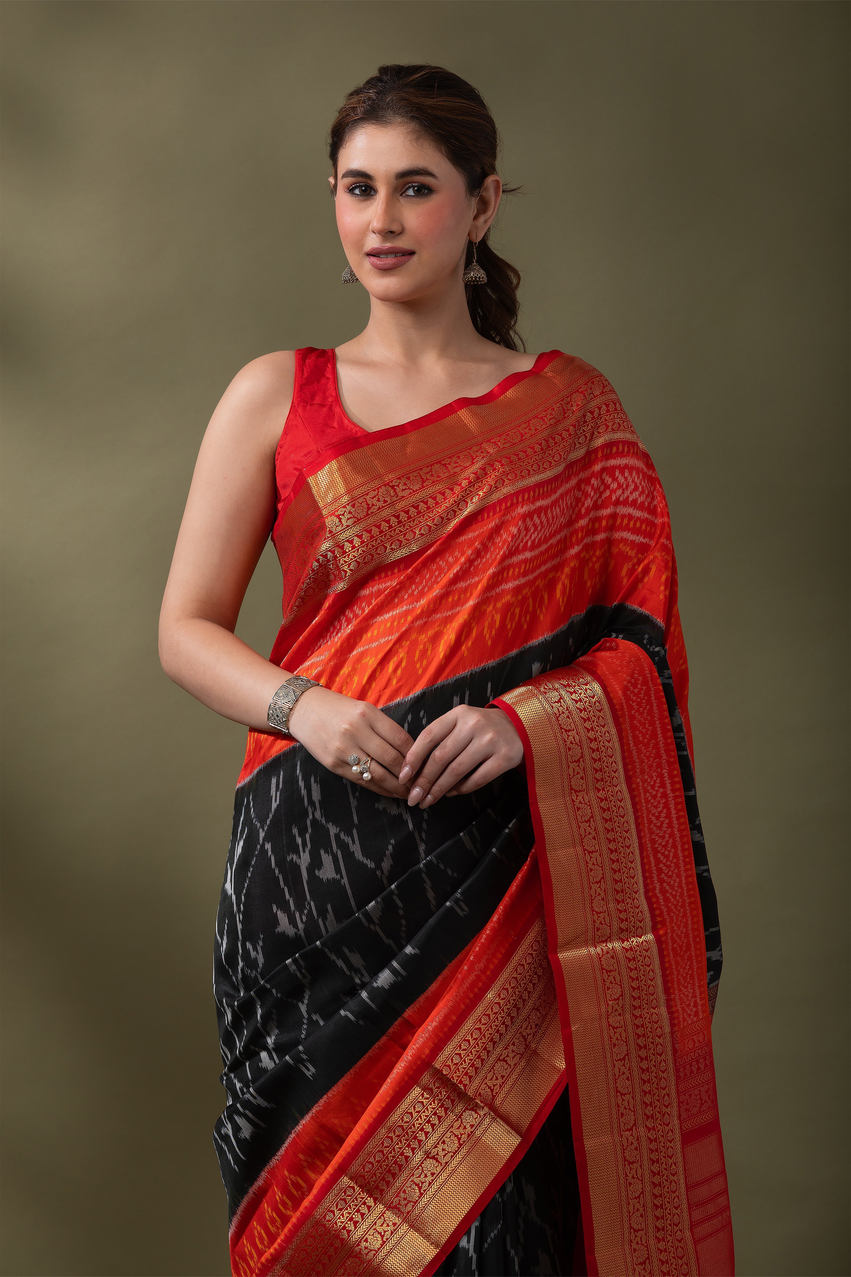 Grey & Red Ikat Soft Silk Saree (Copy)  Mokshaa