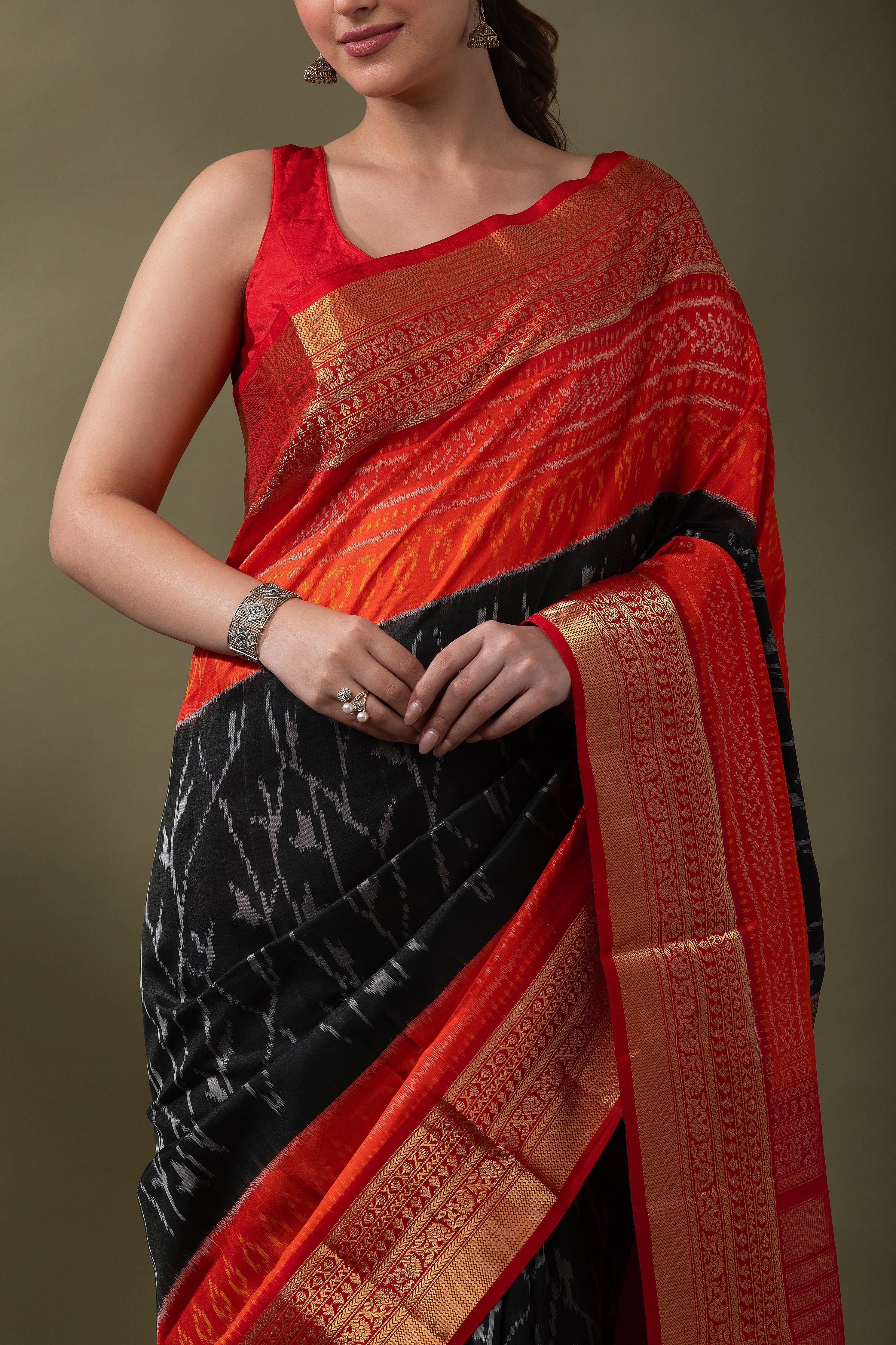 Grey & Red Ikat Soft Silk Saree (Copy)  Mokshaa