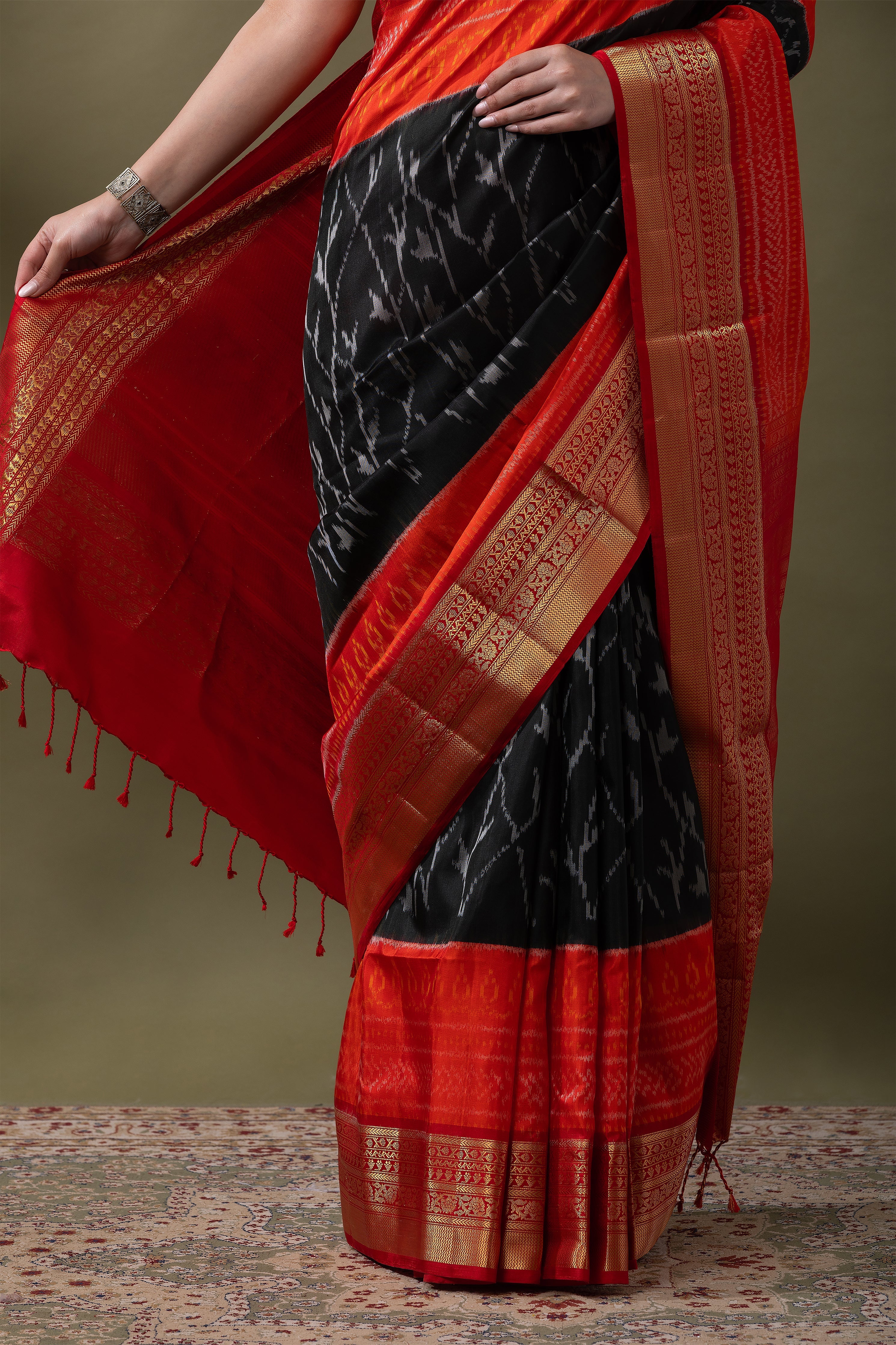 Grey & Red Ikat Soft Silk Saree (Copy)  Mokshaa