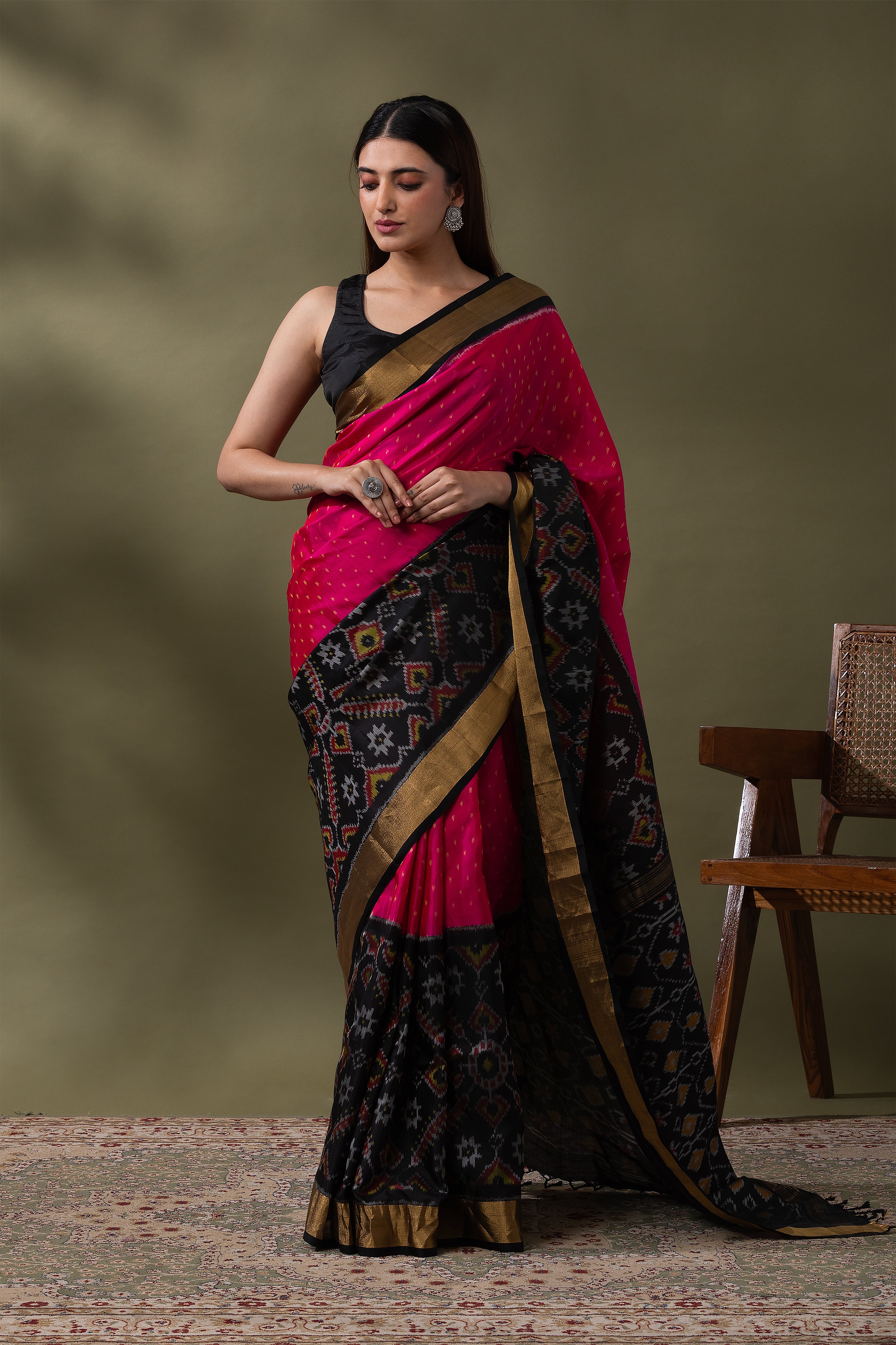 Rani Pink Ikat Soft Silk Saree - Mokshaa