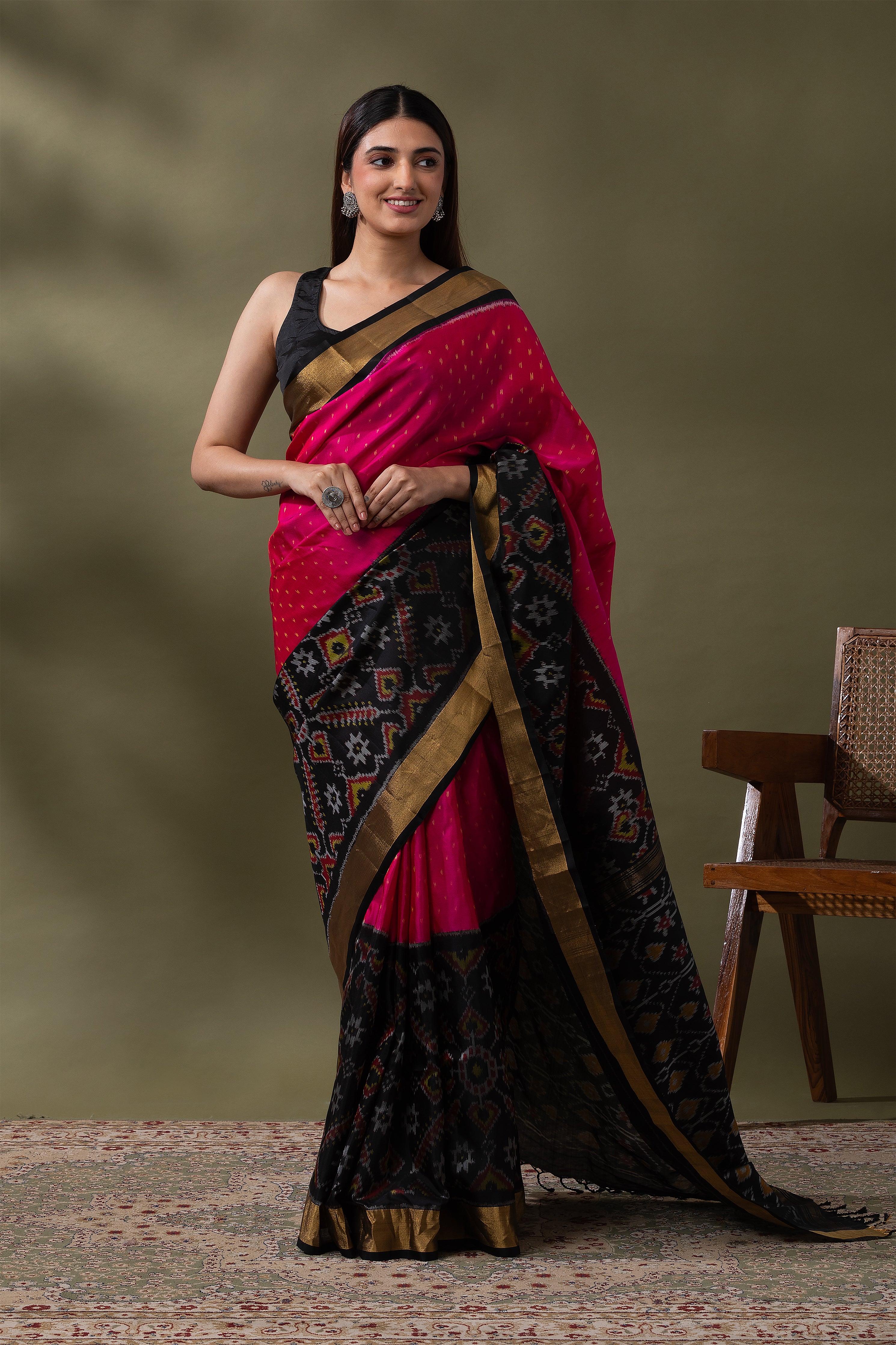 Rani Pink Ikat Soft Silk Saree