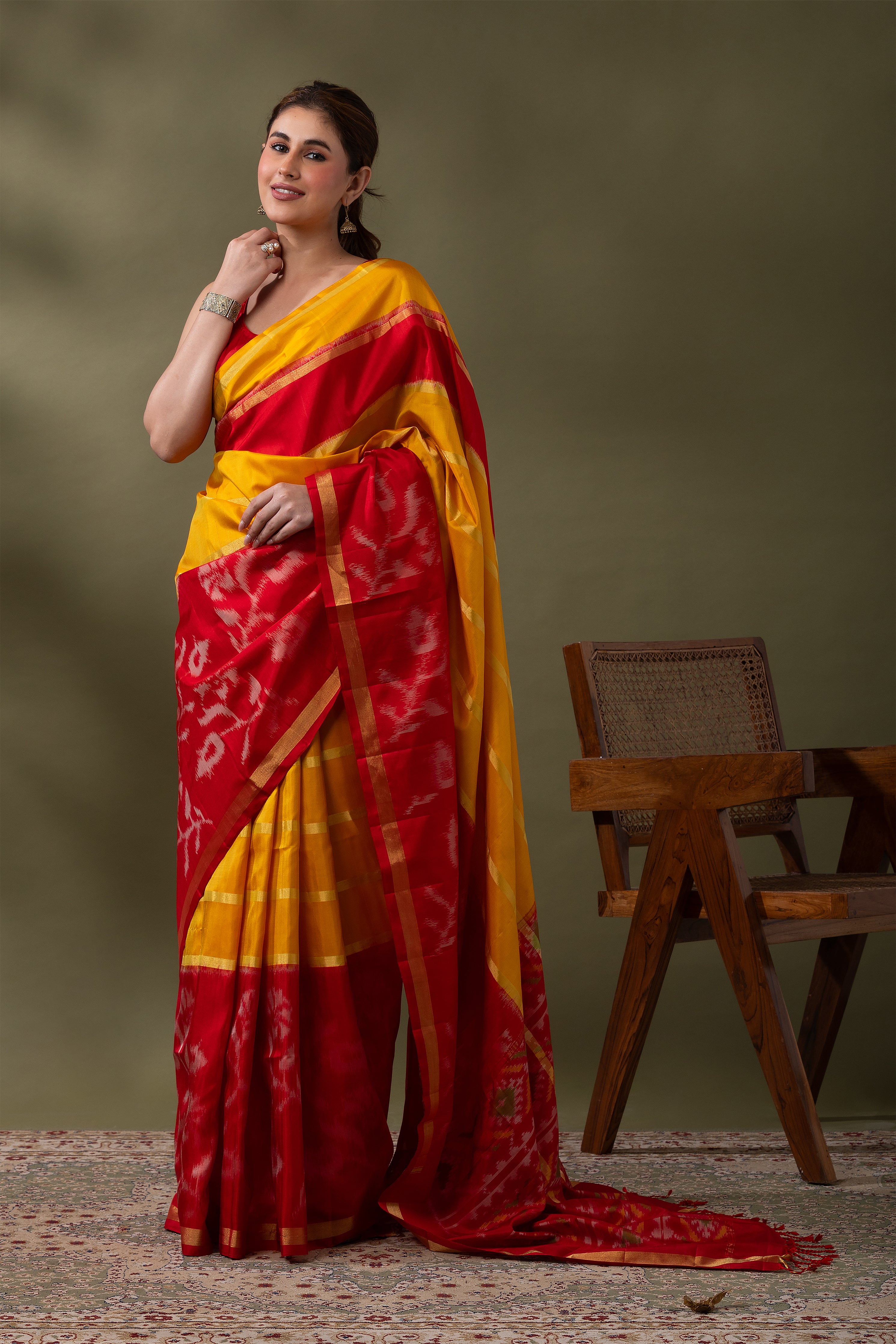 Vibrant Yellow & Red Ikat Silk Saree - Mokshaa