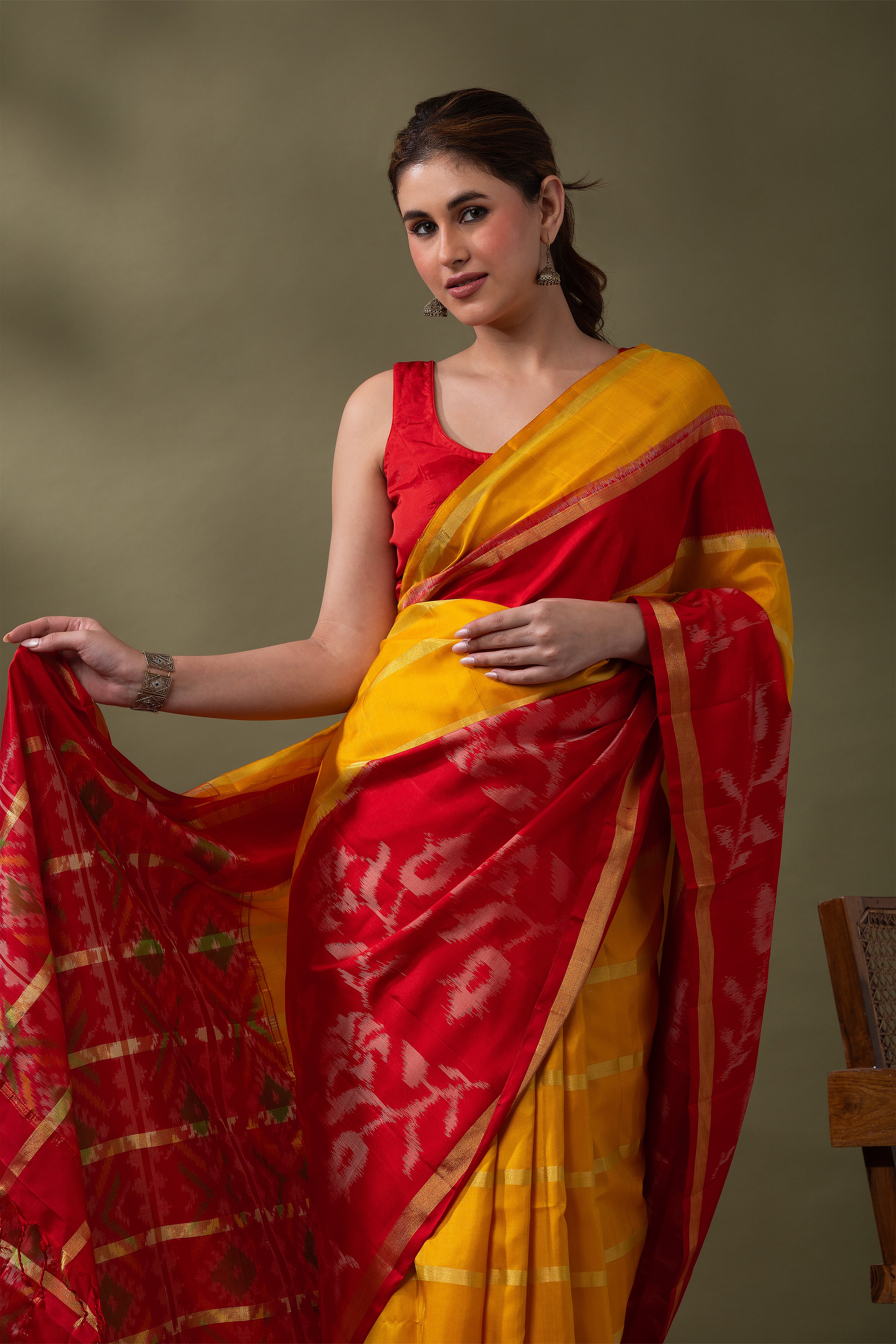 Vibrant Yellow & Red Ikat Silk Saree - Mokshaa