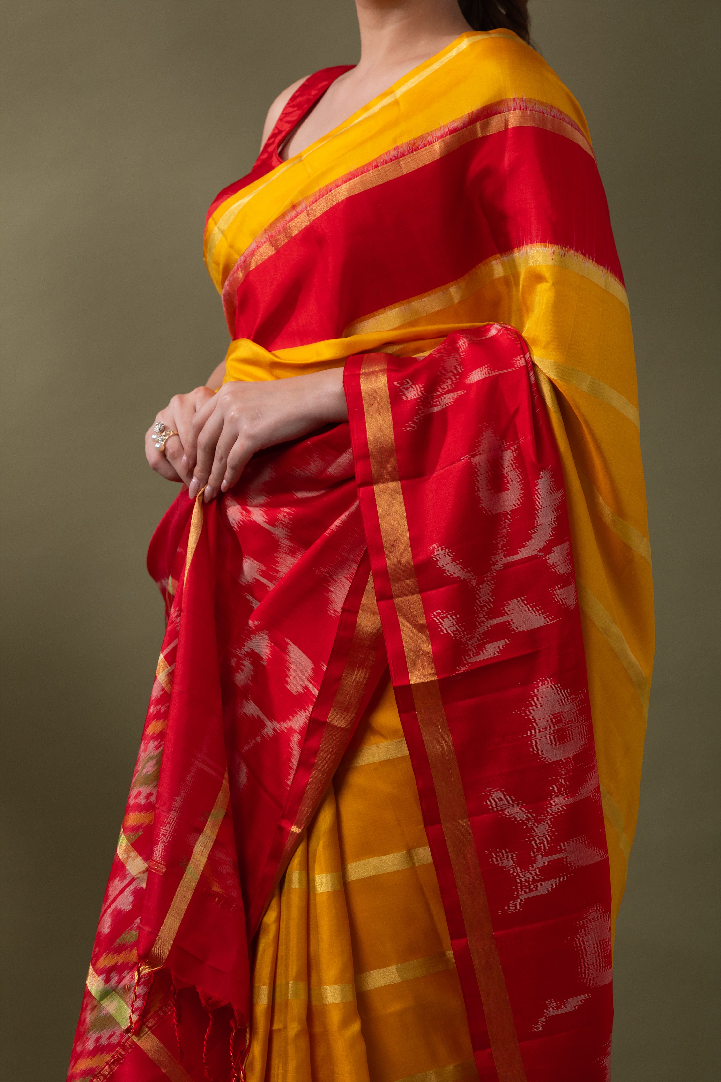 Vibrant Yellow & Red Ikat Silk Saree