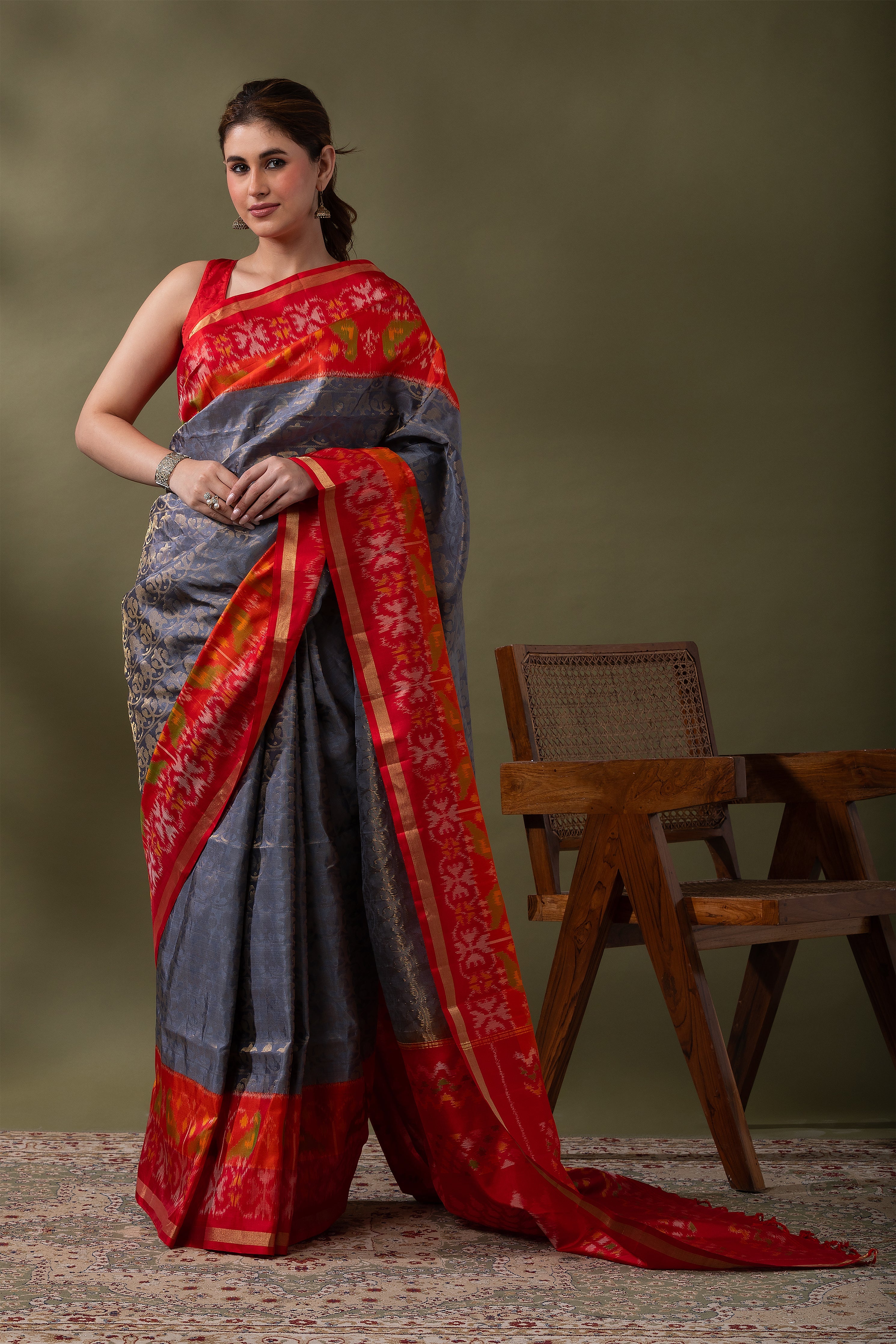 Red & Ivory Ikat Soft Silk Saree (Copy)  Mokshaa