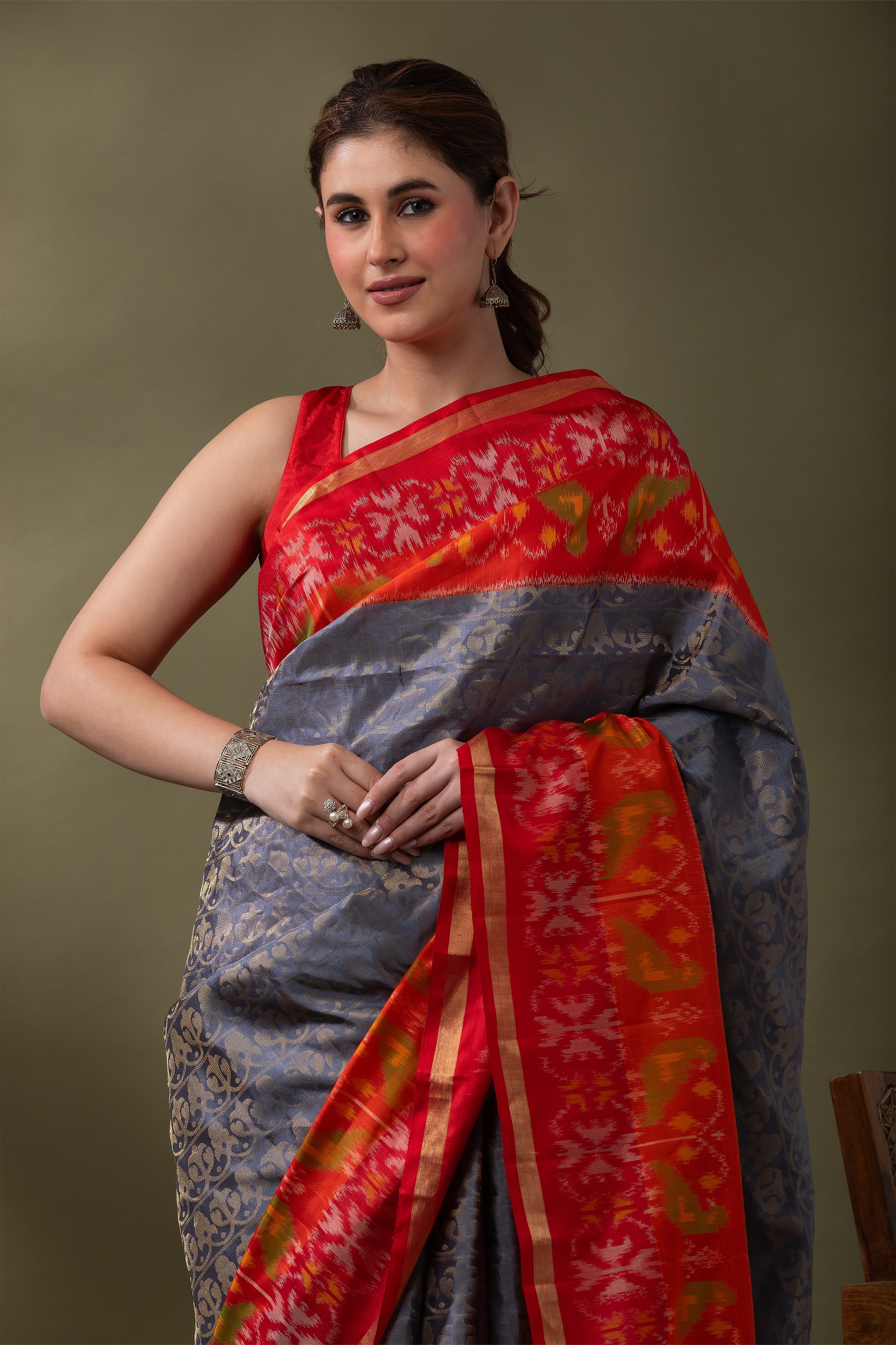 Red & Ivory Ikat Soft Silk Saree (Copy)  Mokshaa