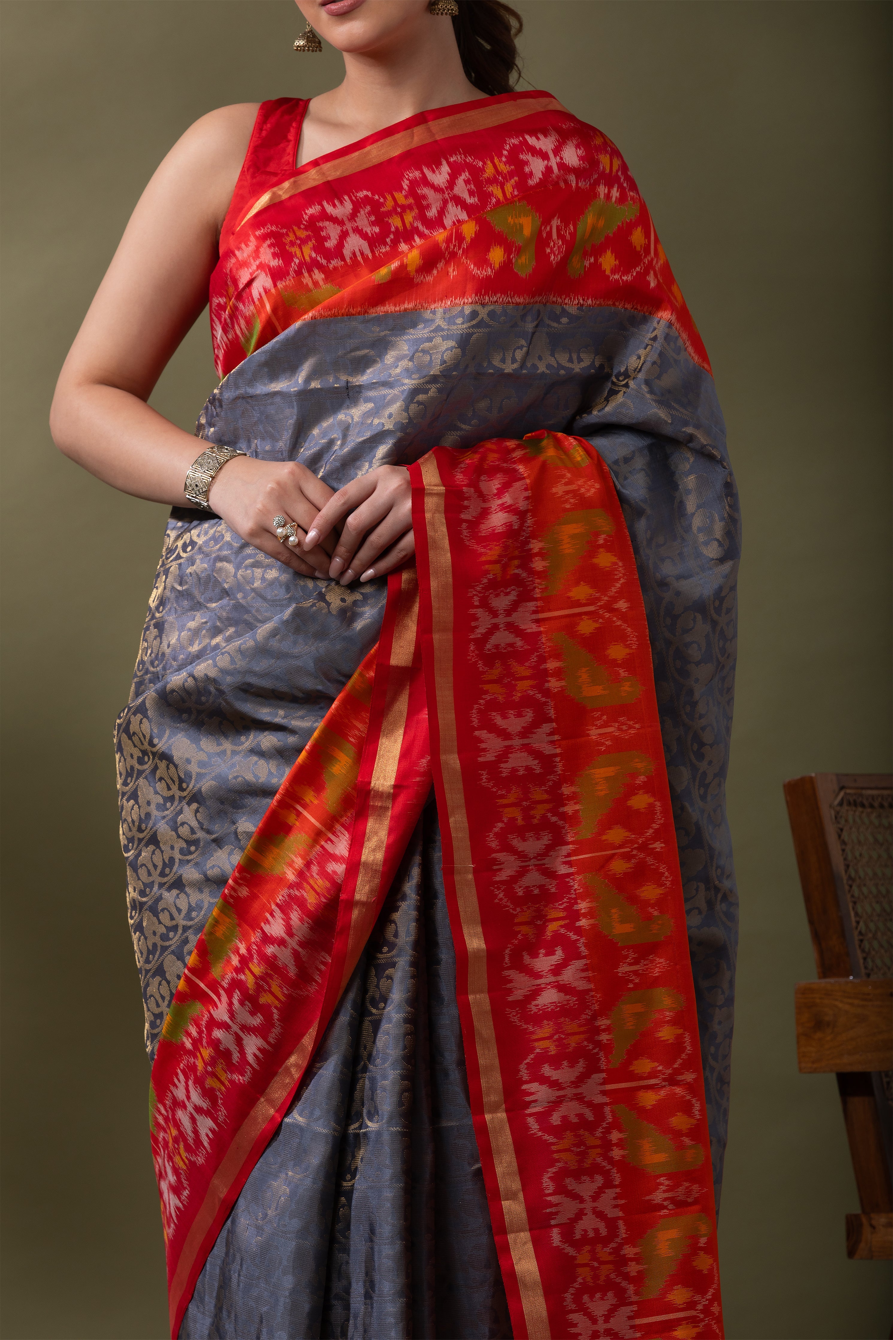 Red & Ivory Ikat Soft Silk Saree (Copy)  Mokshaa