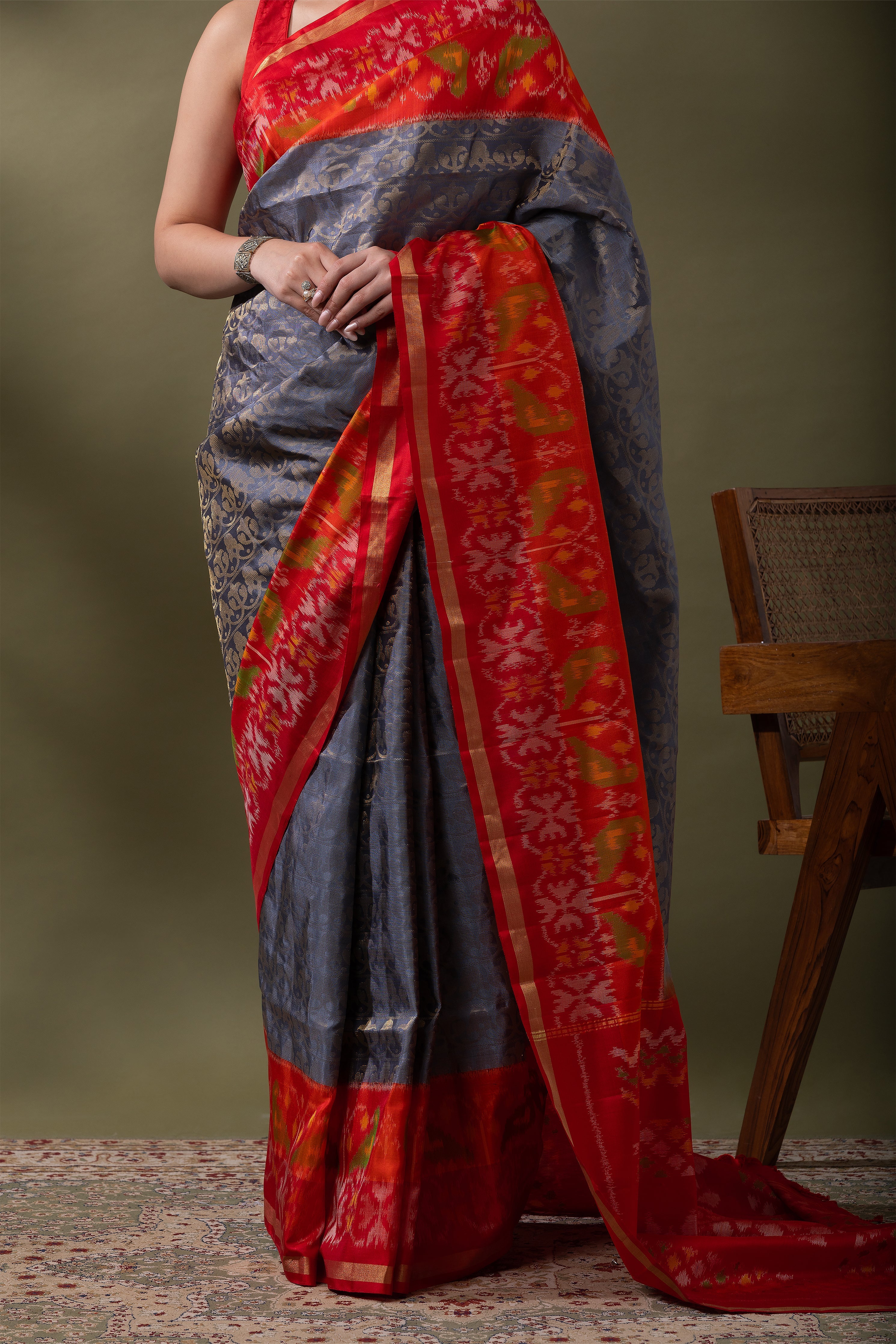 Red & Ivory Ikat Soft Silk Saree (Copy)  Mokshaa