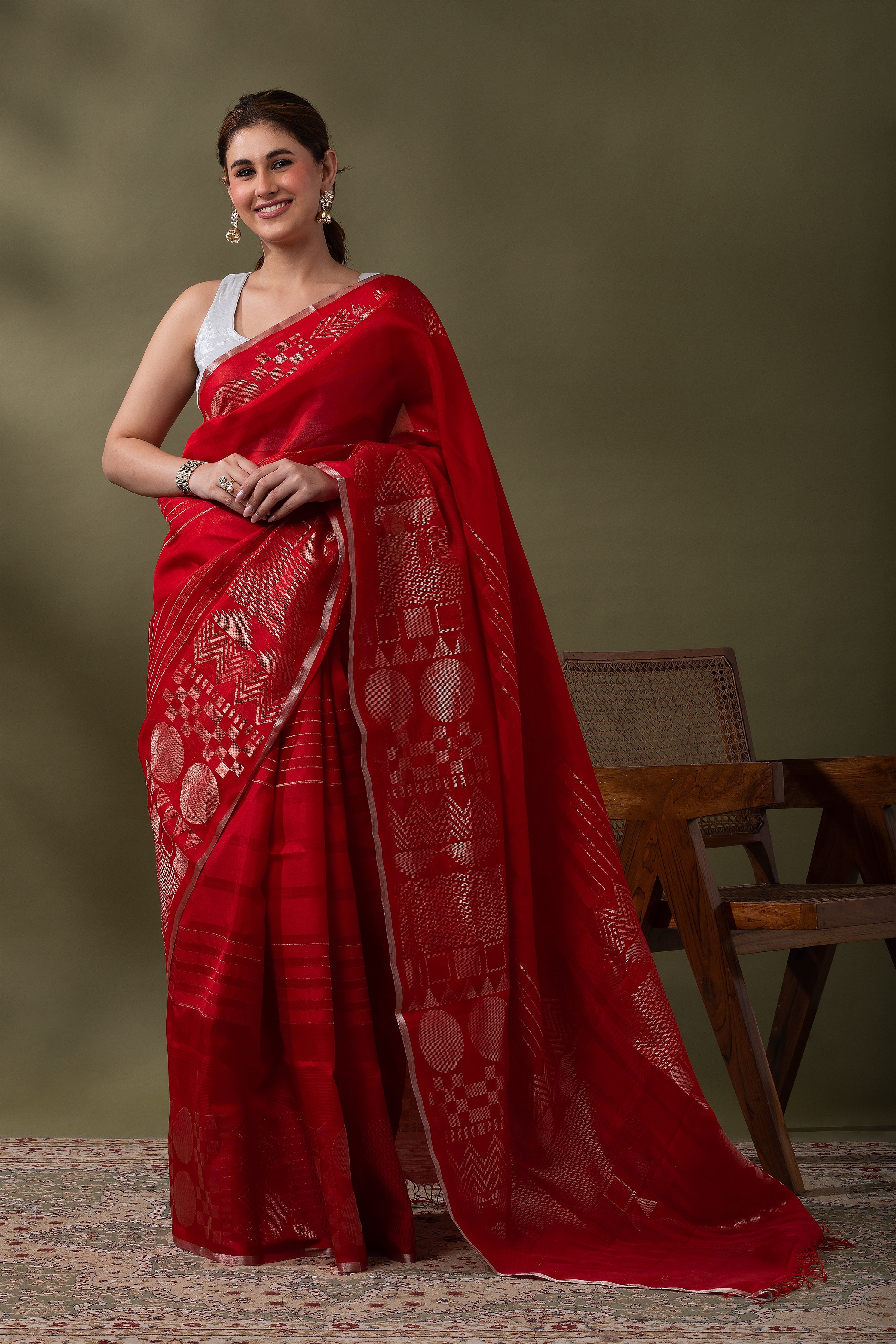 Bright Red Silk Kora Saree  Mokshaa