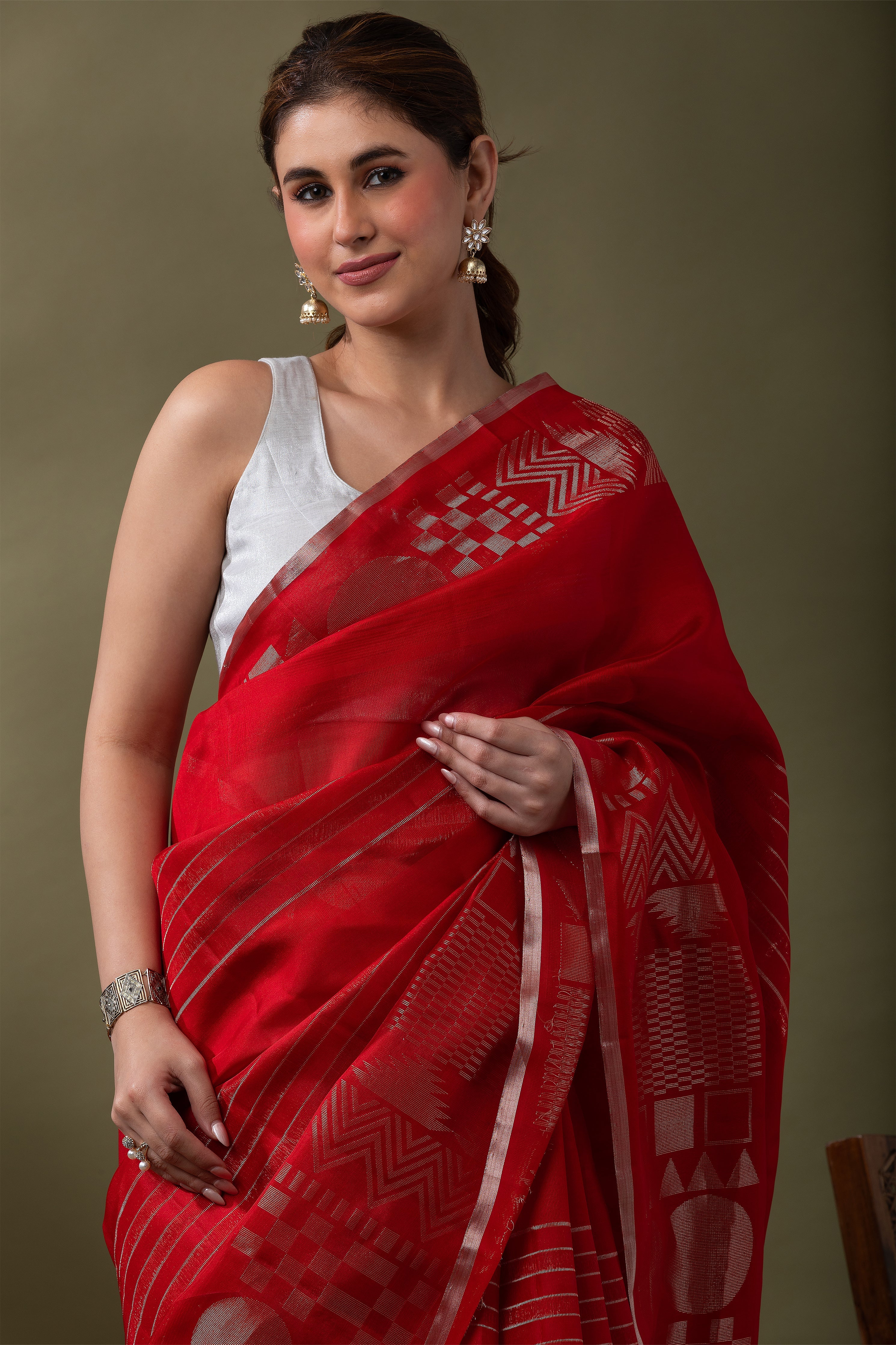 Bright Red Silk Kora Saree  Mokshaa