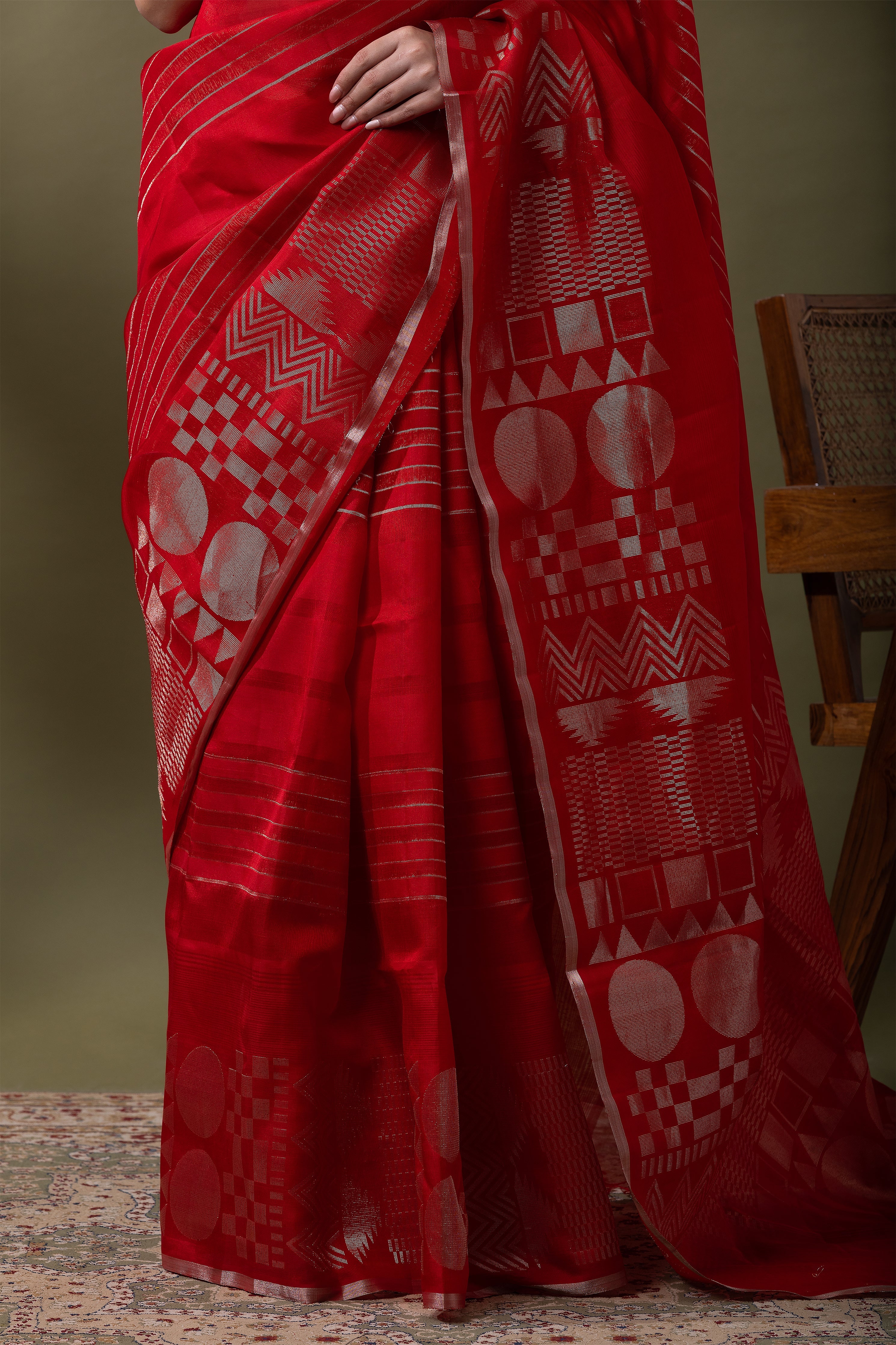 Bright Red Silk Kora Saree  Mokshaa